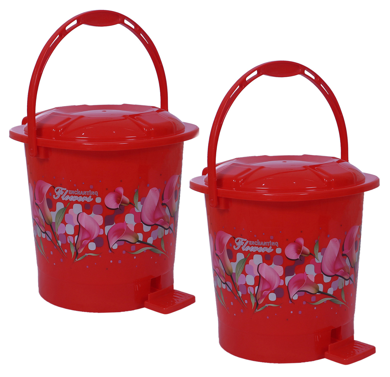 Kuber Industries Durable Flower Print Plastic Pedal Dustbin|Waste Bin|Trash Can For Kitchen & Home With Handle,10 Litre,Pack of 2 (Red)
