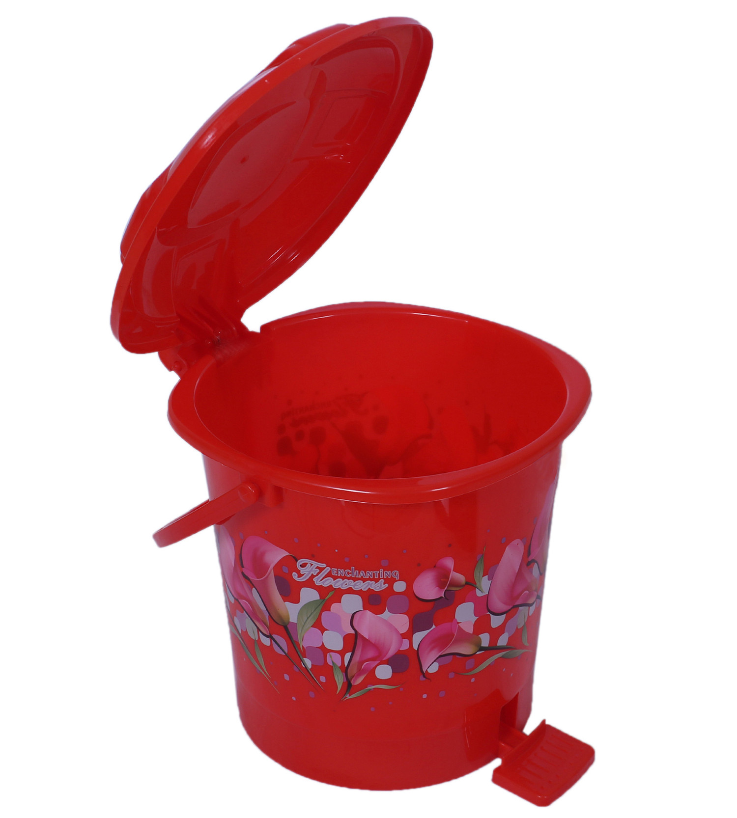 Kuber Industries Durable Flower Print Plastic Pedal Dustbin|Waste Bin|Trash Can For Kitchen & Home With Handle,10 Litre,Pack of 2 (Red)