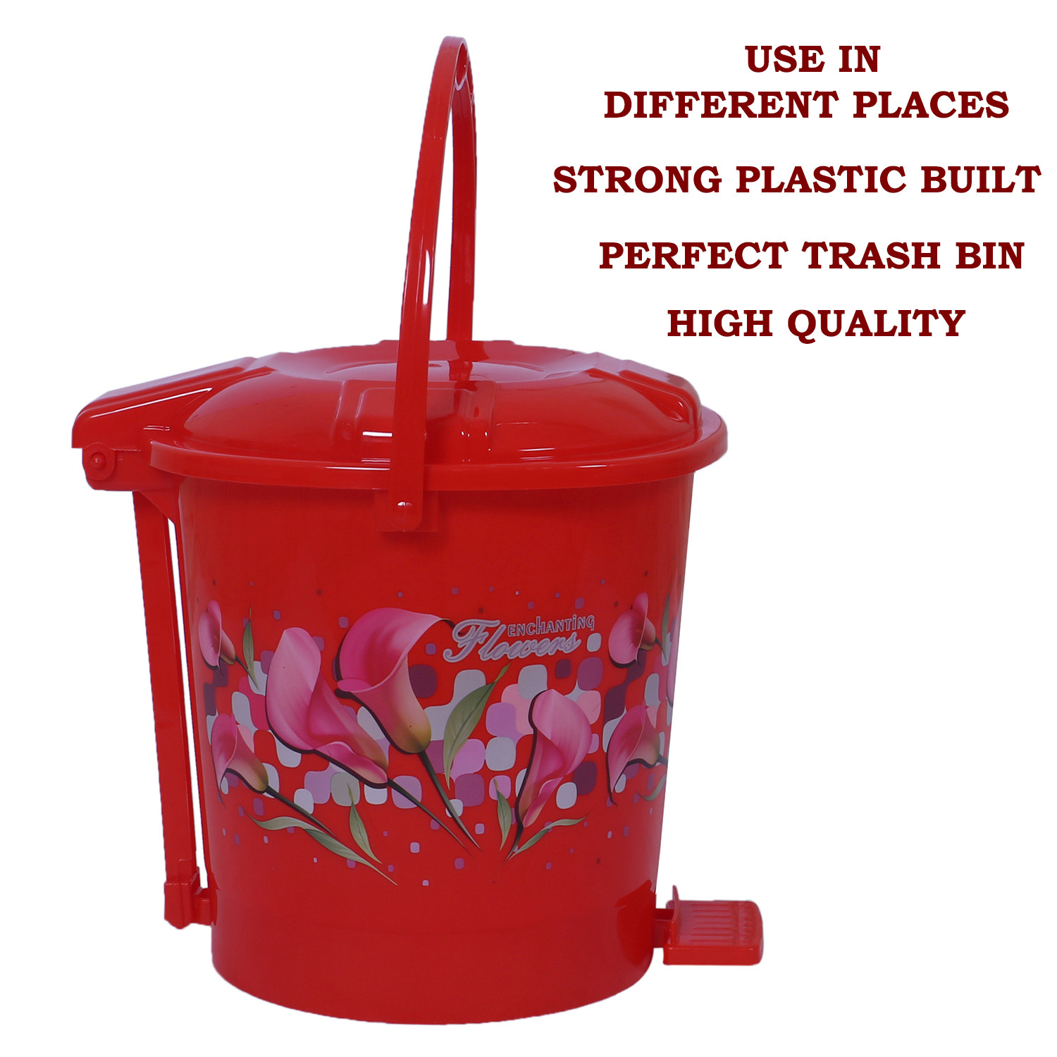 Kuber Industries Durable Flower Print Plastic Pedal Dustbin|Waste Bin|Trash Can For Kitchen & Home With Handle,10 Litre,Pack of 2 (Red)