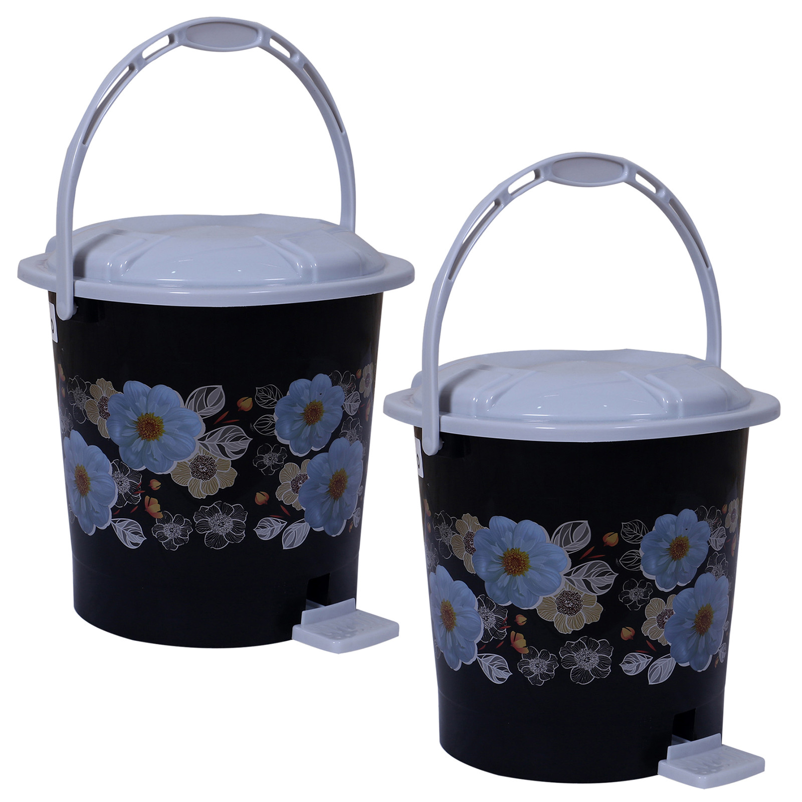 Kuber Industries Durable Flower Print Plastic Pedal Dustbin|Waste Bin|Trash Can For Kitchen & Home With Handle,10 Litre,Pack of 2 (Black)