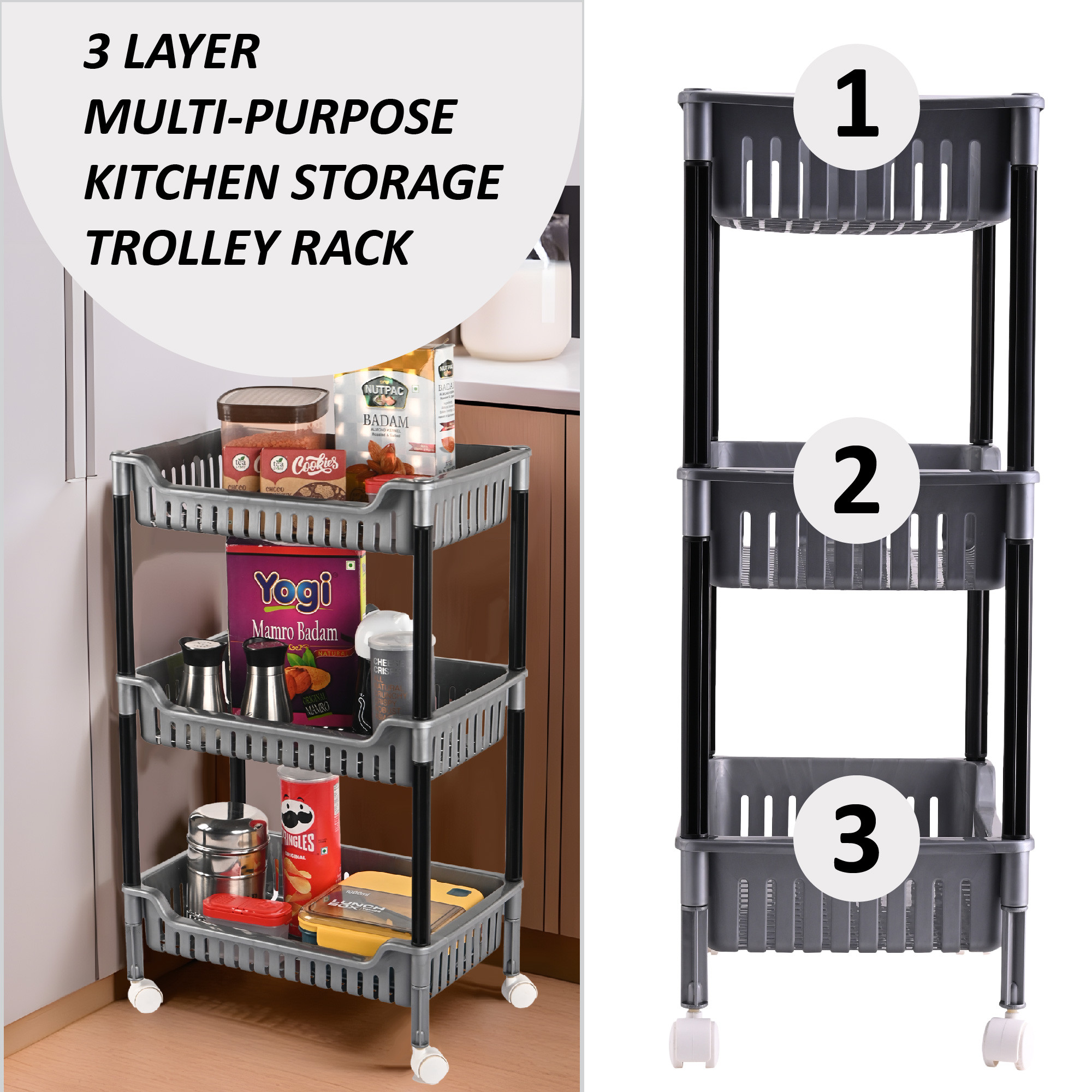 Kuber Industries Durable Kitchen Storage Rack with 3-Tier trolley for Spices  Space-Saving Multipurpose Onion  FruitVegetable Stand for Kitchen Home  Office  Grey  Black