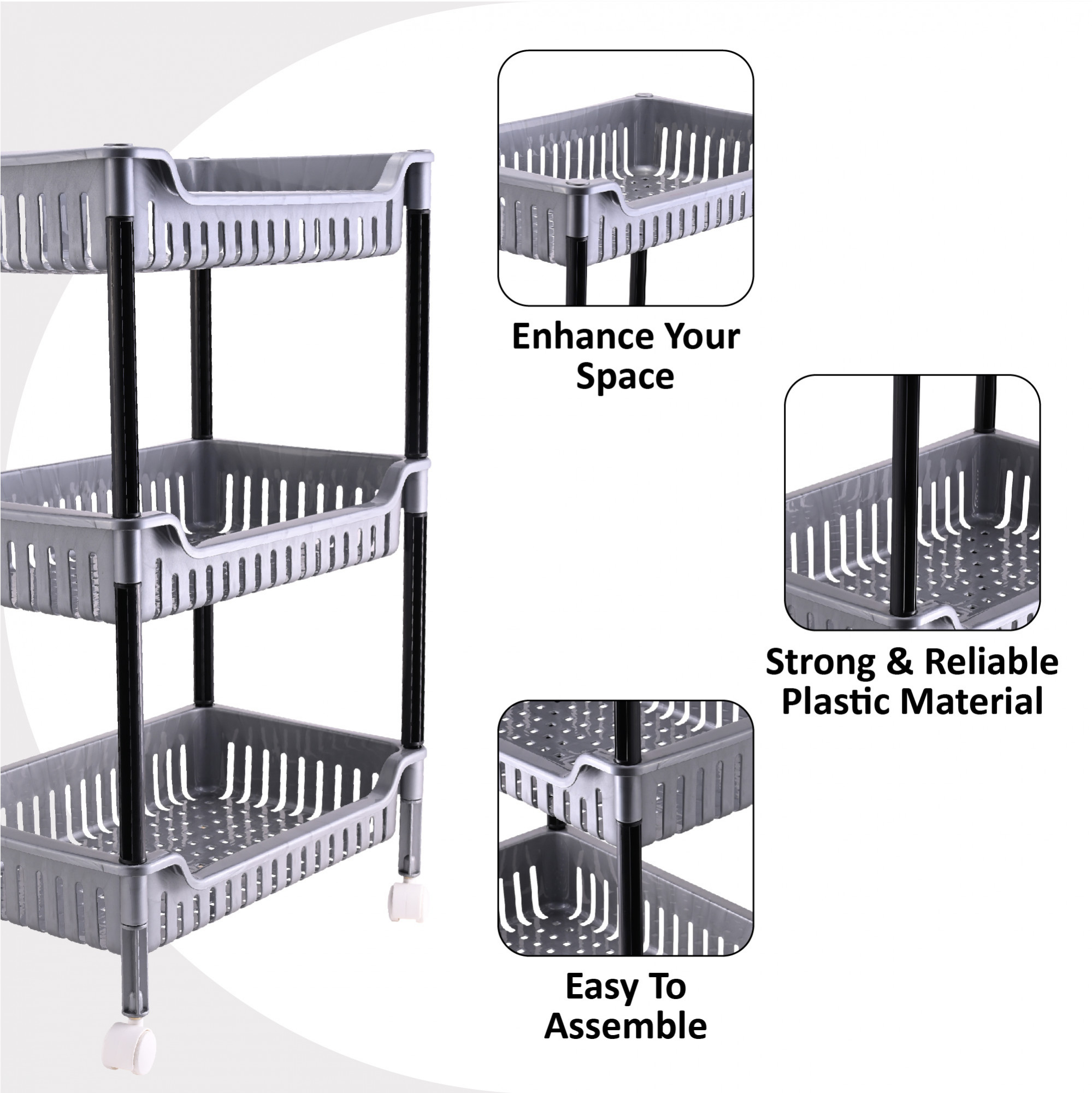Kuber Industries Durable Kitchen Storage Rack with 3-Tier trolley for Spices  Space-Saving Multipurpose Onion  FruitVegetable Stand for Kitchen Home  Office  Grey  Black