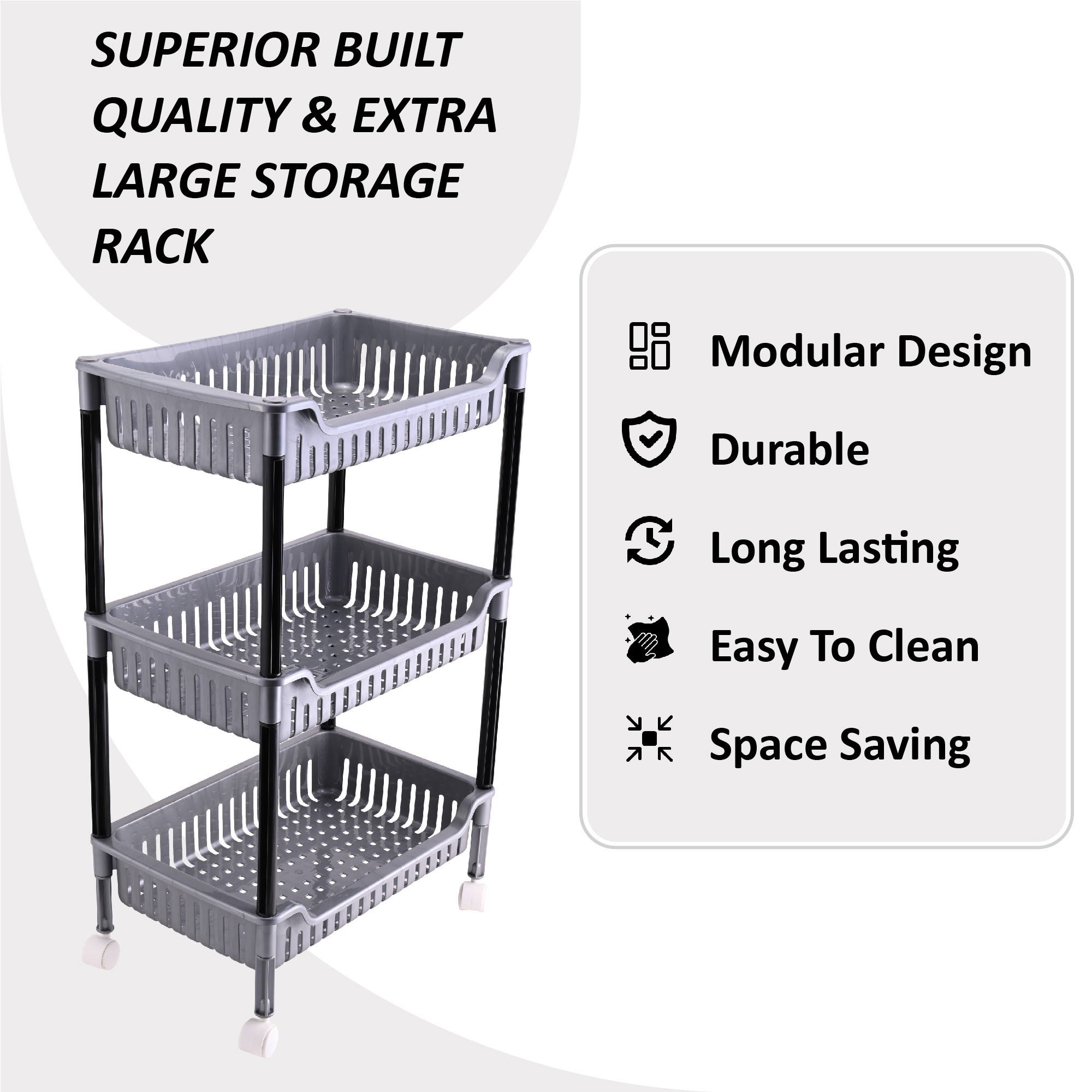 Kuber Industries Durable Kitchen Storage Rack with 3-Tier trolley for Spices  Space-Saving Multipurpose Onion  FruitVegetable Stand for Kitchen Home  Office  Grey  Black