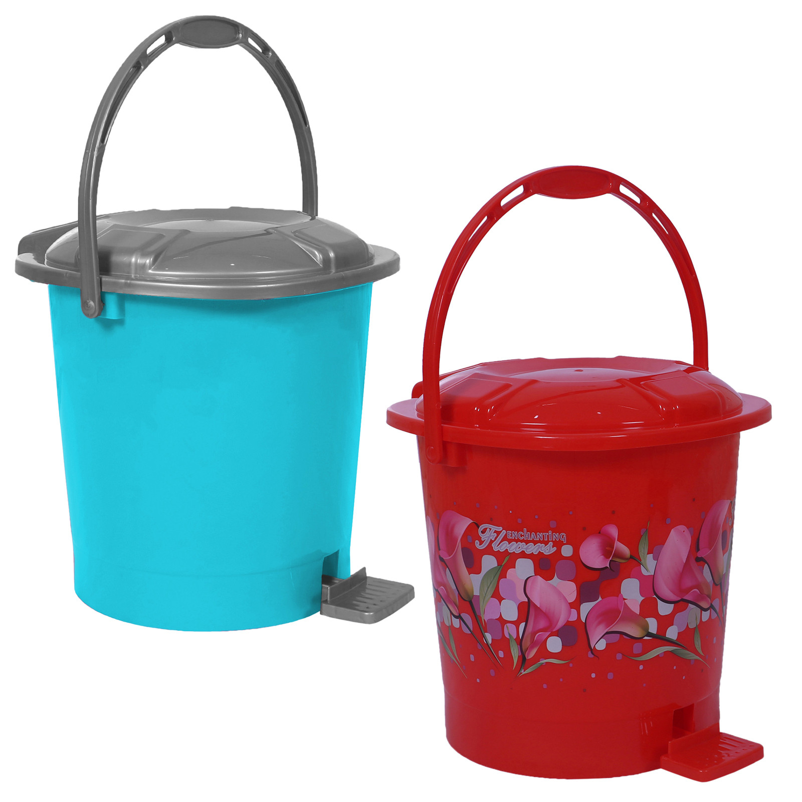 Kuber Industries Durable Plastic Pedal Dustbin|Waste Bin|Trash Can For Kitchen & Home With Handle,10 Litre,Pack of 2 (Sky Blue & Red)