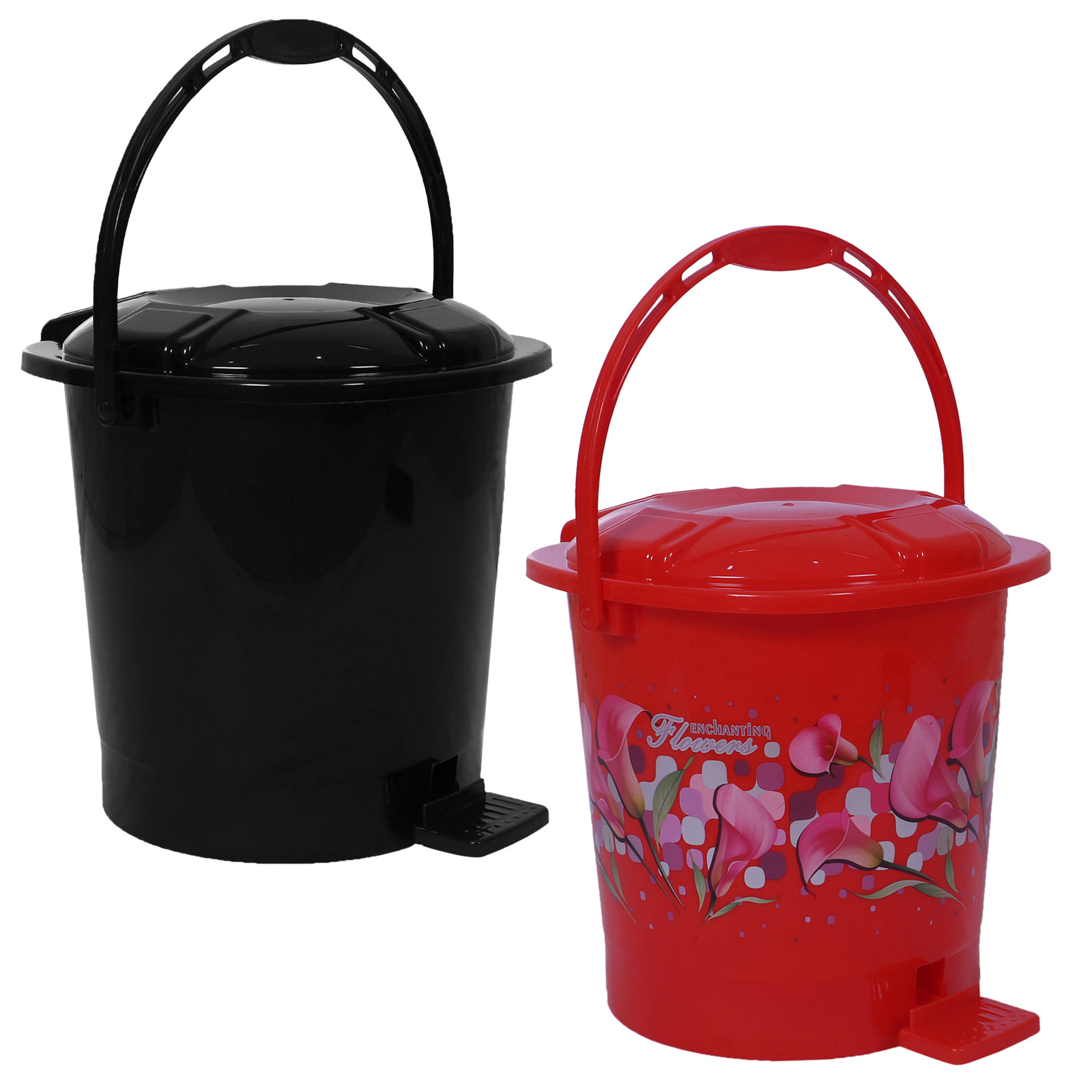 Kuber Industries Durable Plastic Pedal Dustbin|Waste Bin|Trash Can For Kitchen & Home With Handle,10 Litre,Pack of 2 (Black & Red)