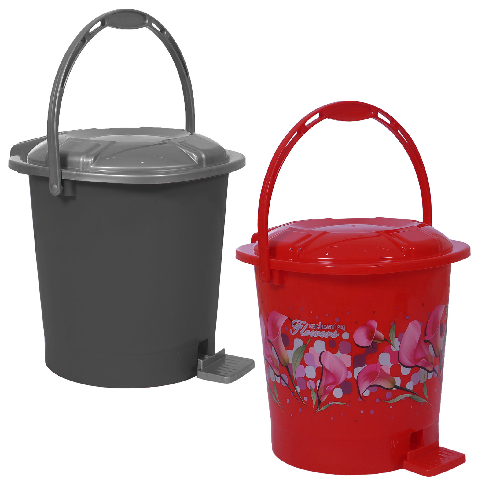 Kuber Industries Durable Plastic Pedal Dustbin|Waste Bin|Trash Can For Kitchen & Home With Handle,7 Litre,Pack of 2 (Gray & Red)