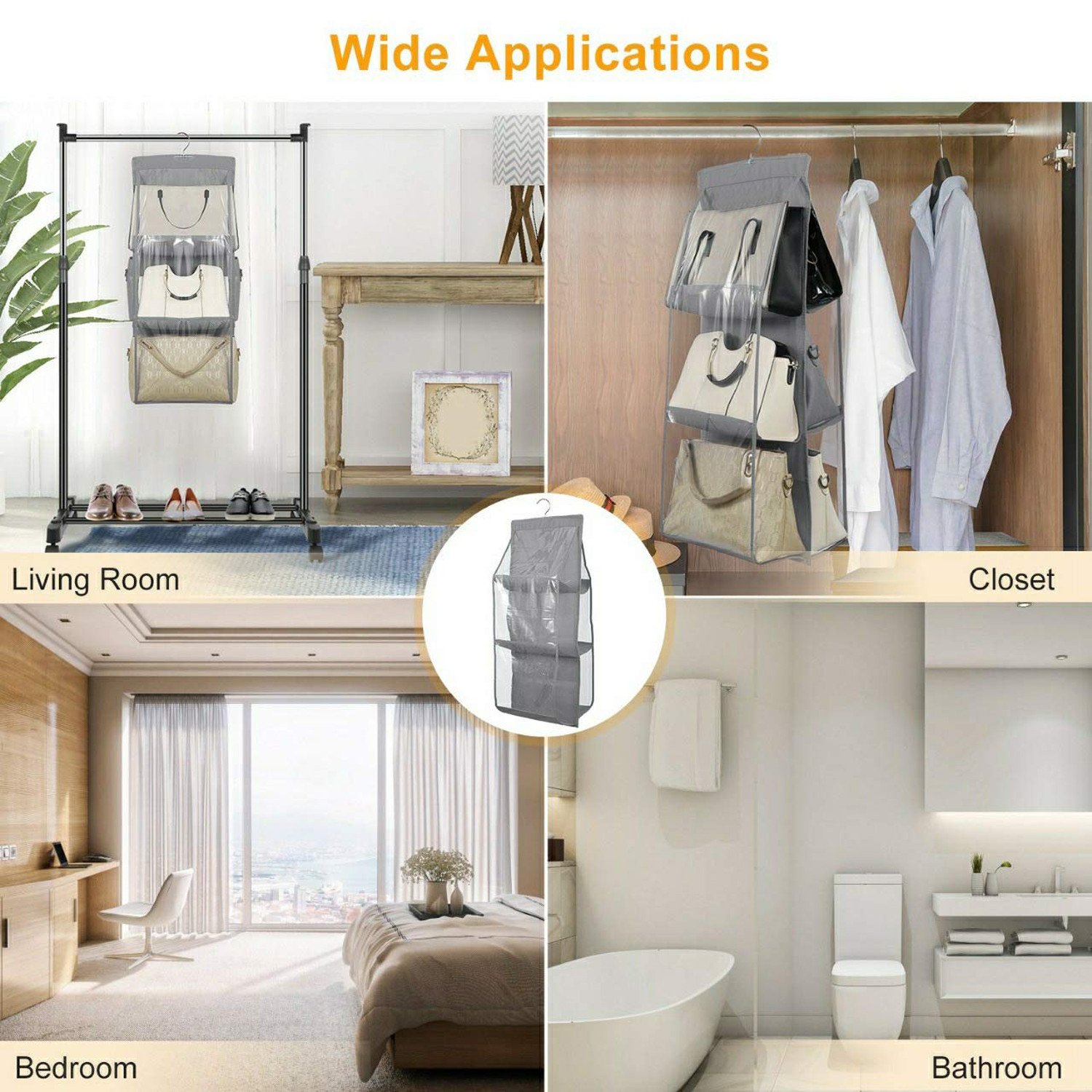 Kuber Industries Dust Proof Hanging Handbag Purse Clutch Organizer with 6 Large Compartments & Hanger (Grey)