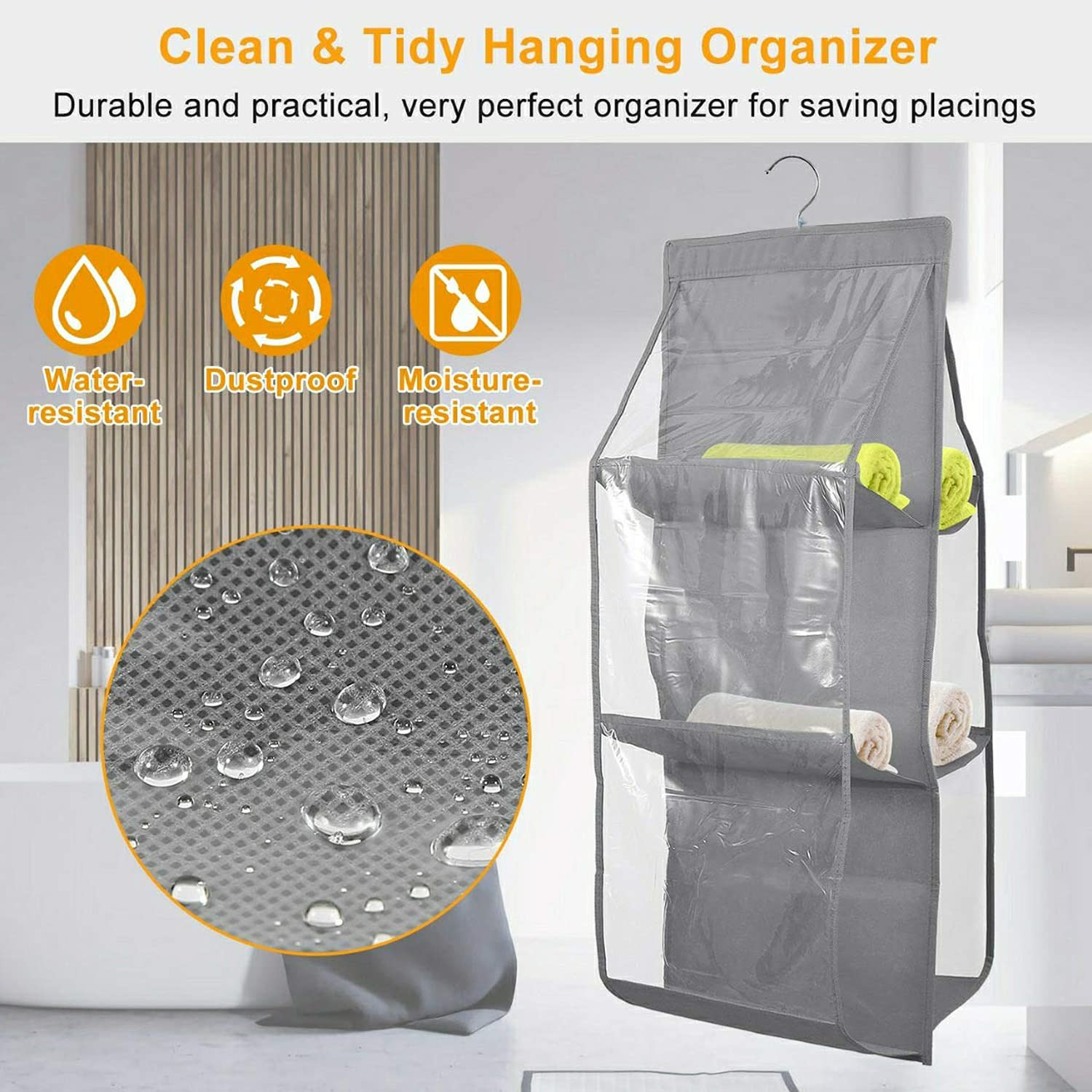 Kuber Industries Dust Proof Hanging Handbag Purse Clutch Organizer with 6 Large Compartments  Hanger Grey