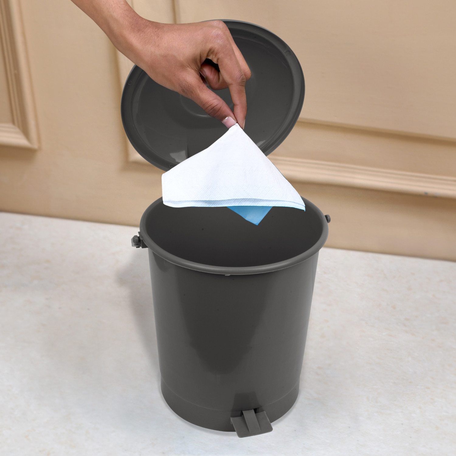 Kuber Industries Dustbin | Plastic Swinging Lid Dustbin | Pedal Dustbin with Lid | Dustbin for Kitchen | Wet & Dry Waste Pedal Dustbins | Trash Can | 10 LTR | Gray