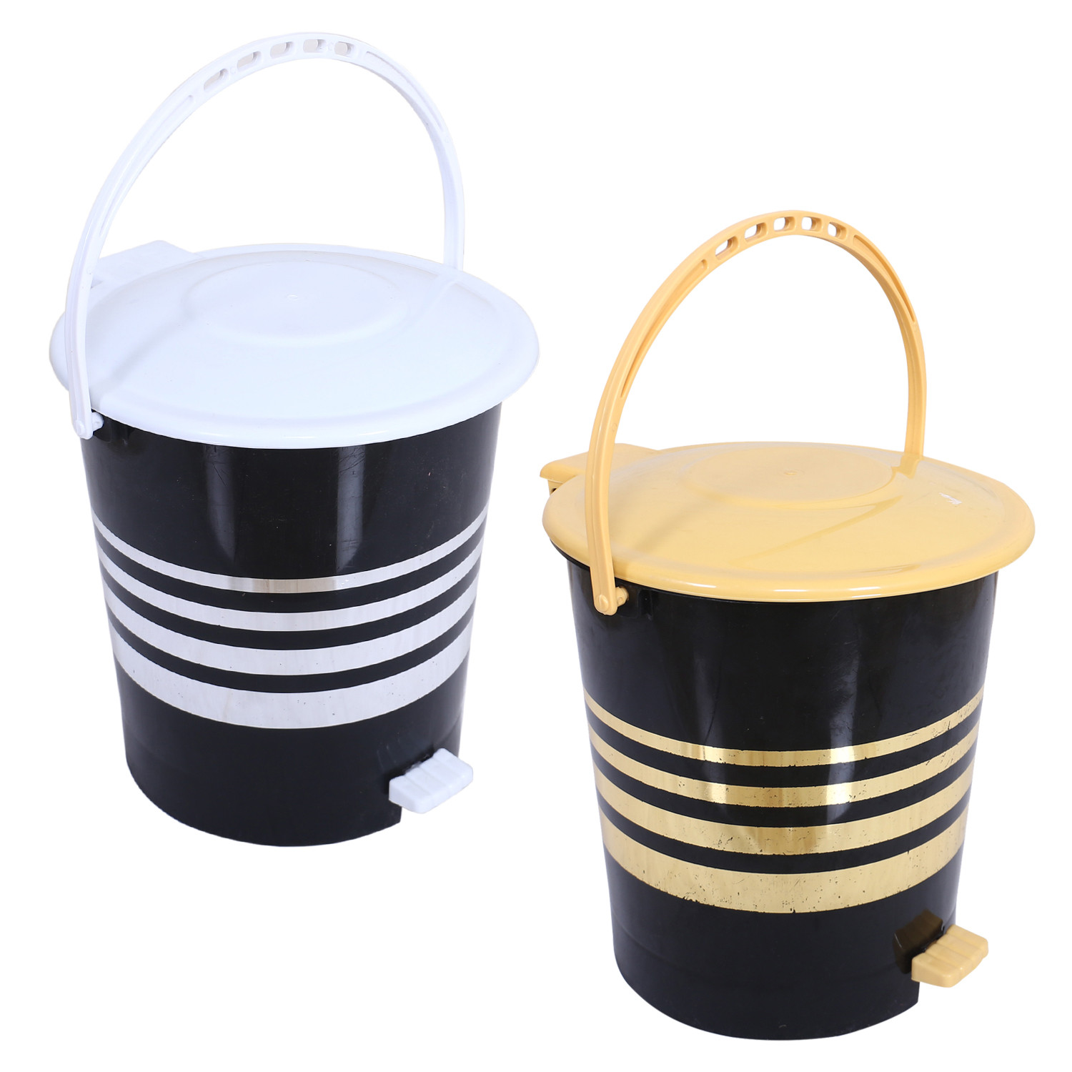 Kuber Industries Dustbin|Plastic Pedal Dustbin|Kitchen Inner Bucket Waste Paper Bin|Dustbin For Bedroom|Silver & Gold Layer 10 Litre Dustbin|Pack of 2 (Black)