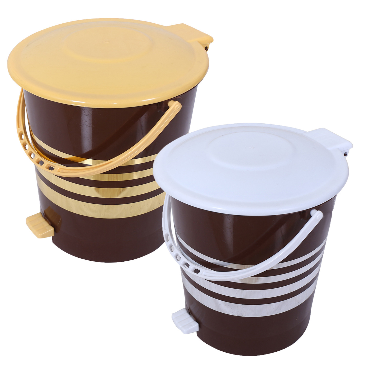 Kuber Industries Dustbin|Plastic Pedal Dustbin|Kitchen Inner Bucket Waste Paper Bin|Dustbin For Bedroom|Silver & Gold Layer 10 Litre Dustbin|Pack of 2 (Brown)
