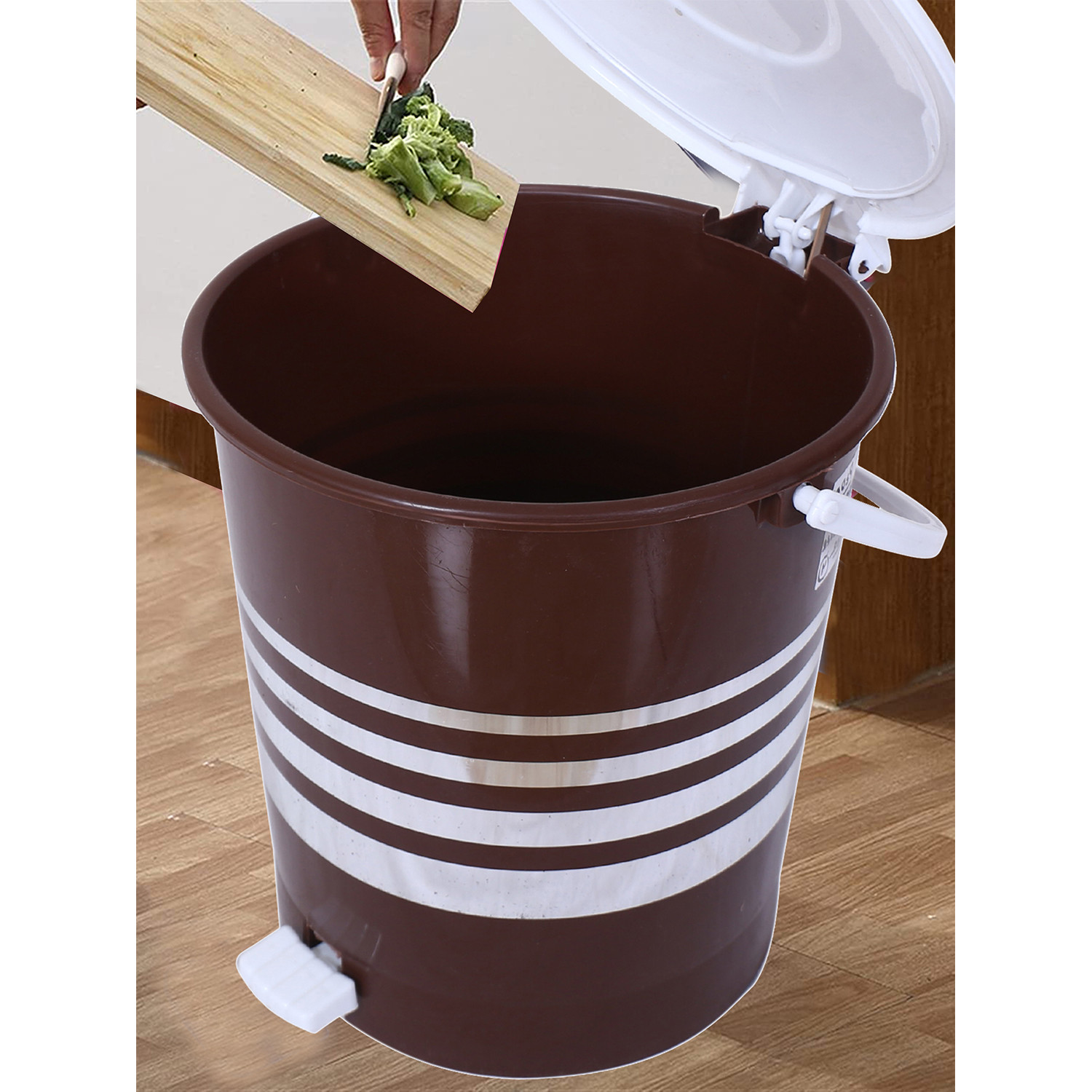 Kuber Industries Dustbin|Plastic Pedal Dustbin|Kitchen Inner Bucket Waste Paper Bin|Dustbin For Bedroom|Silver & Gold Layer 10 Litre Dustbin|Pack of 2 (Brown)