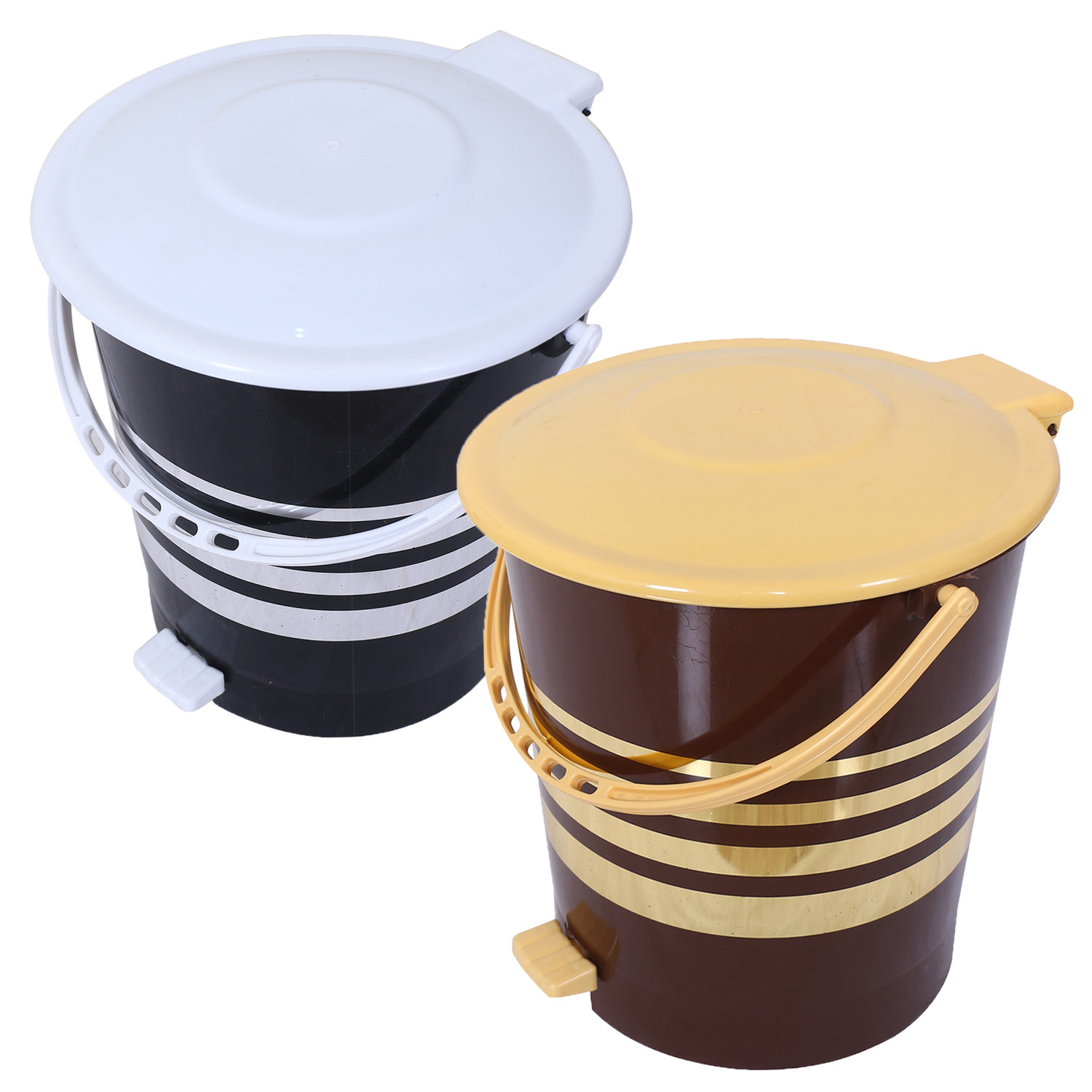 Kuber Industries Dustbin|Plastic Pedal Dustbin|Kitchen Inner Bucket Waste Paper Bin|Dustbin For Bedroom|Silver & Gold Layer 10 Litre Dustbin|Pack of 2 (Black & Brown)
