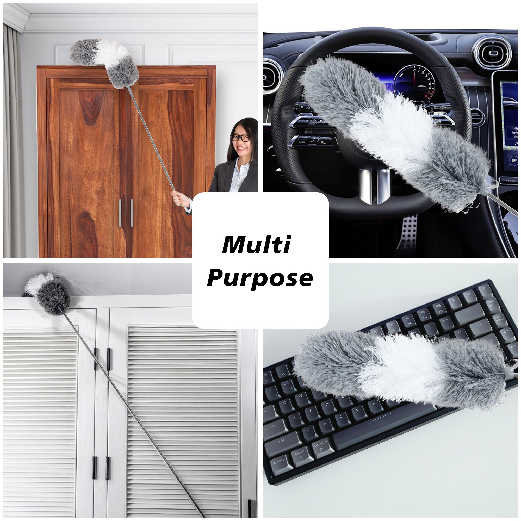 Kuber Industries Duster  Duster for Household Cleaning  Ceiling Fan Duster  Spider Web Cleaner Stick  Fan Cleaning Brush with Long Rod  Microfiber Dusting Brush for Home  Gray  White