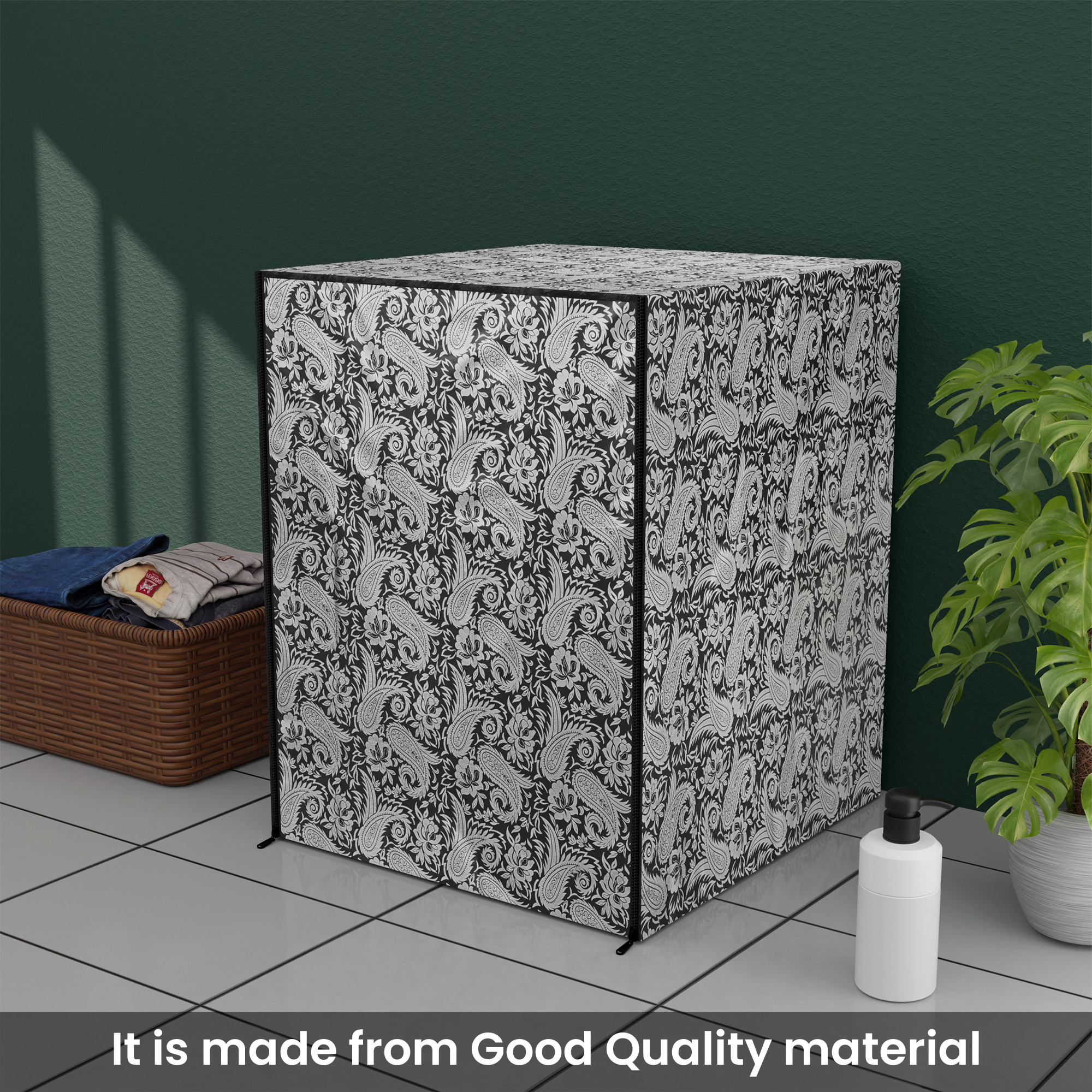 Kuber Industries Dustproof Front Load Washing Machine Cover for IFB 6 Kg65 Kg7 Kg75 Kg with Zip  Washing Machine Cover Front Load with Space for WirePipe  Silver Carry- Black