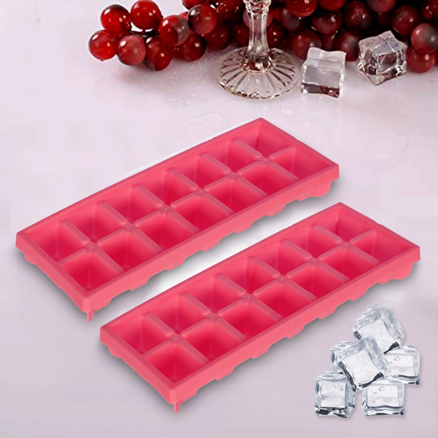 Kuber Industries Easy Release Ice Cube Tray Set - Durable Plastic Stackable Easy Twist 14 Cube Trays-(Pink)