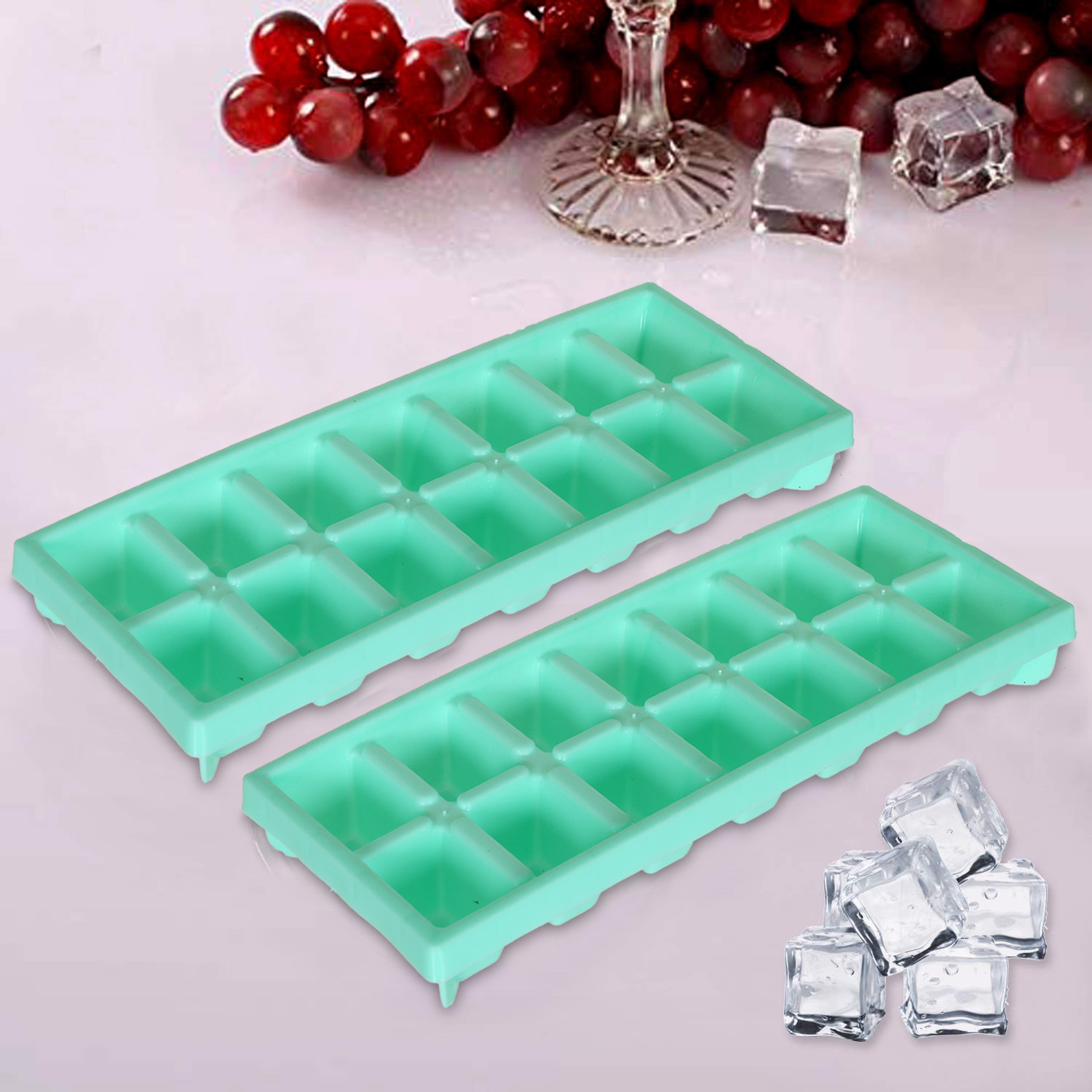 Kuber Industries Easy Release Ice Cube Tray Set - Durable Plastic Stackable Easy Twist 14 Cube Trays-(Green)