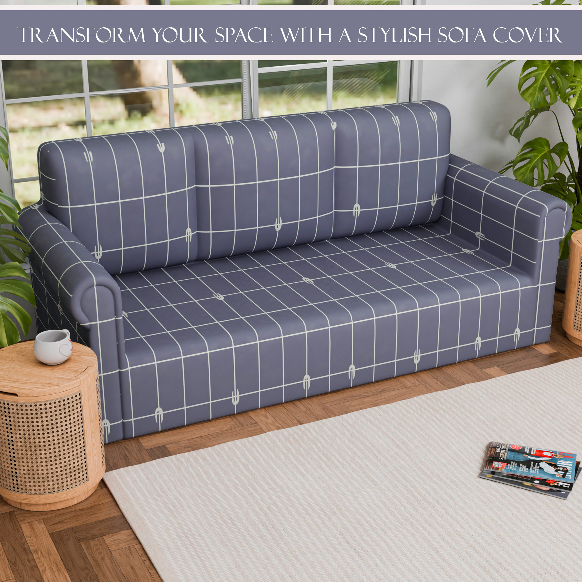 Kuber Industries Elastic Sofa Cover 3 Seater - Stretchable Couch Slip Cover in Checkered Pattern for Living RoomHall - Grey