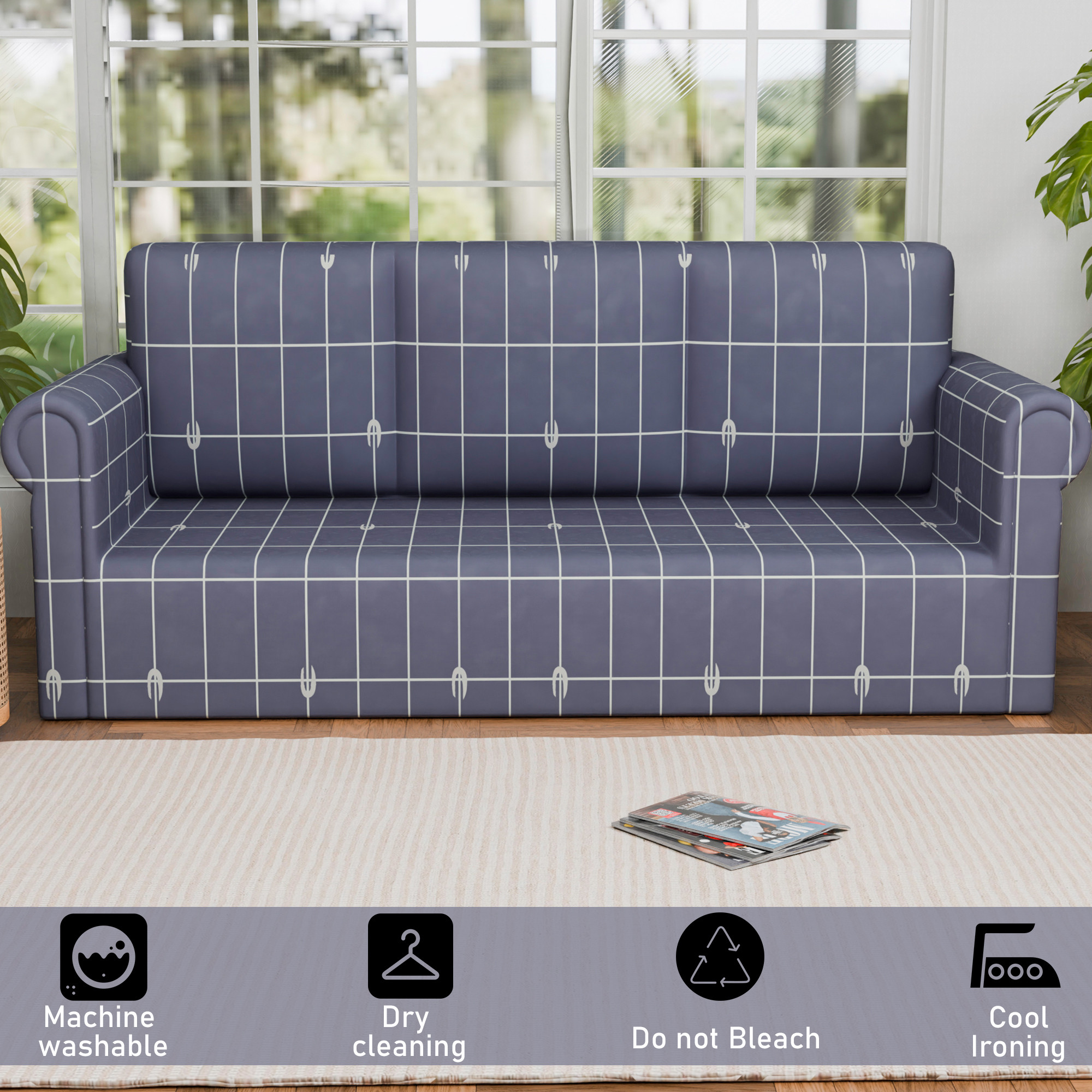 Kuber Industries Elastic Sofa Cover 3 Seater - Stretchable Couch Slip Cover in Checkered Pattern for Living RoomHall - Grey