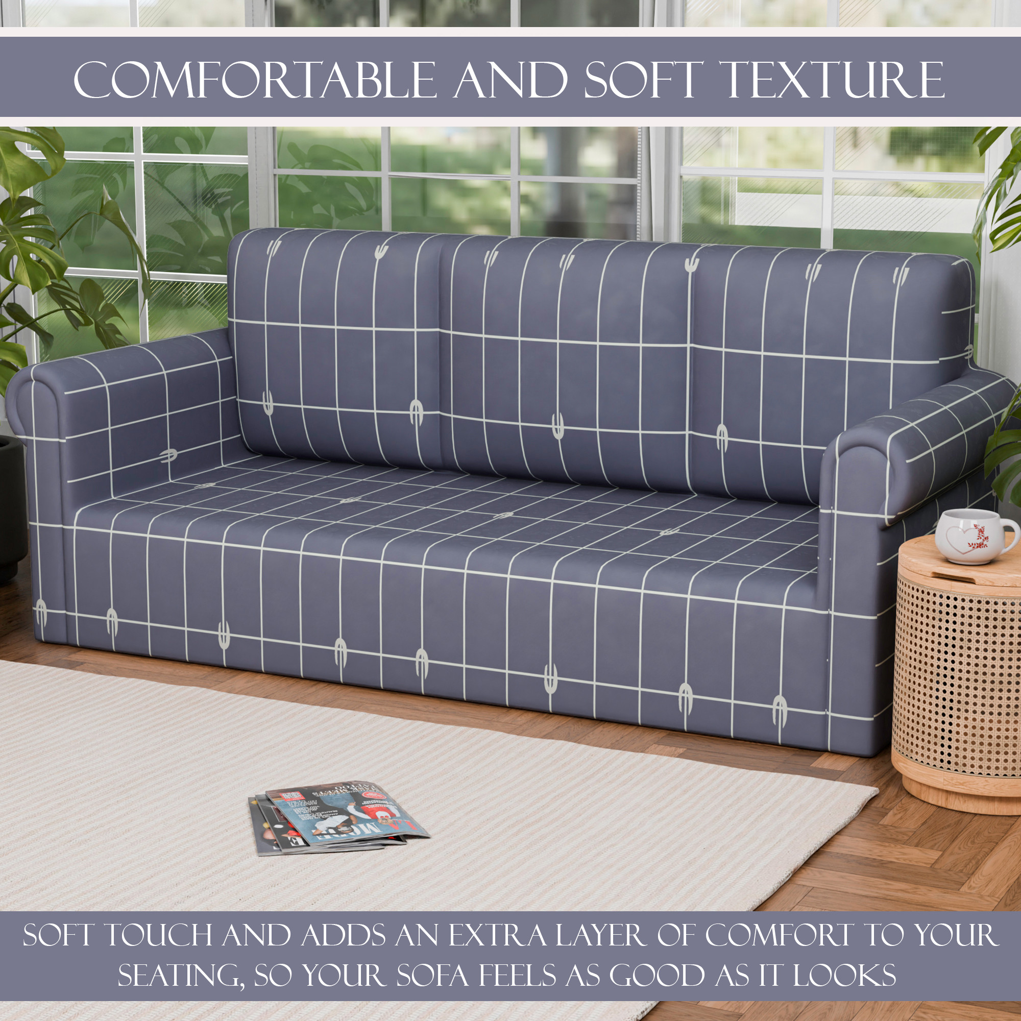 Kuber Industries Elastic Sofa Cover 3 Seater - Stretchable Couch Slip Cover in Checkered Pattern for Living RoomHall - Grey