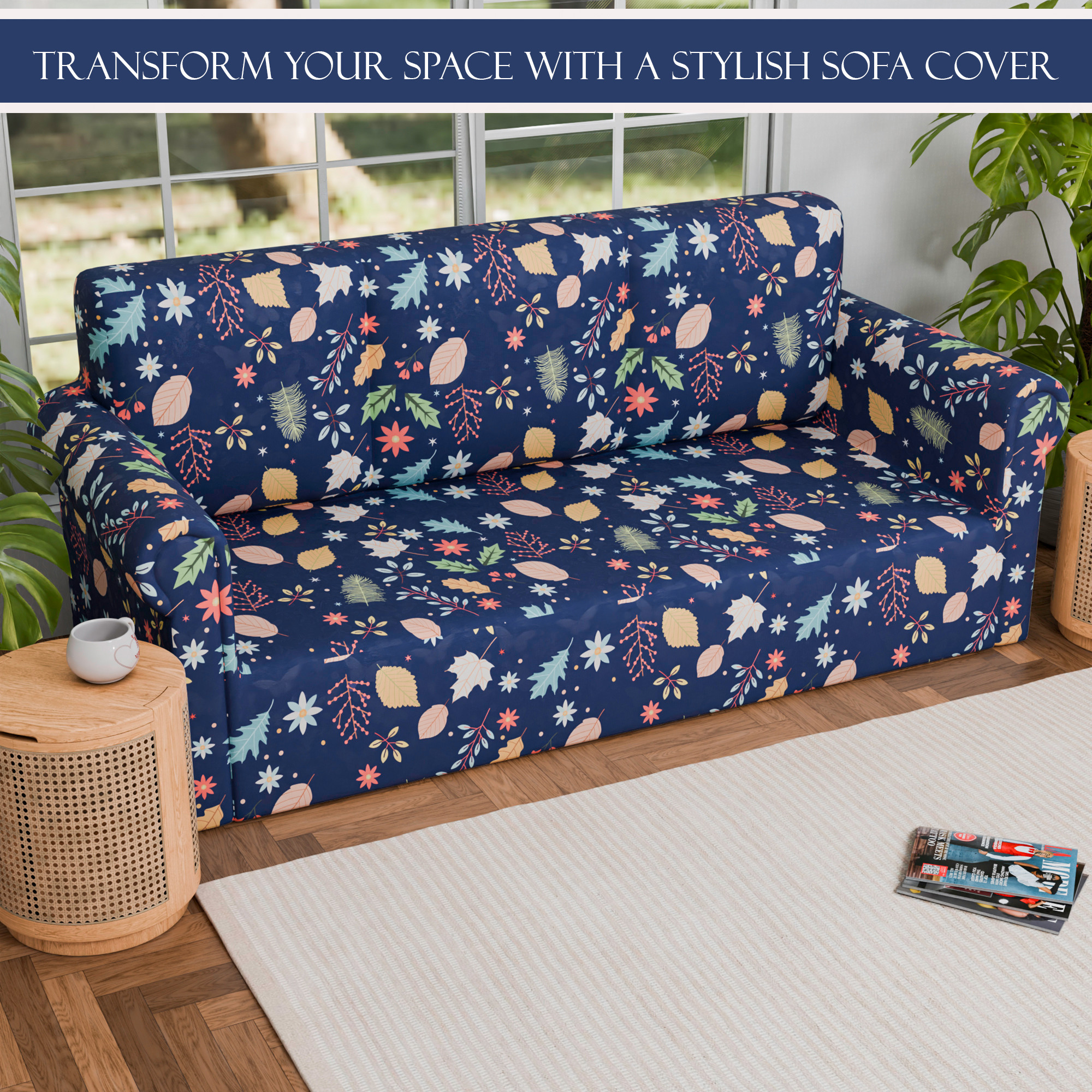 Kuber Industries Elastic Sofa Cover 3 Seater - Stretchable Couch Slip Cover in Leaf Pattern for Living RoomHall - Blue