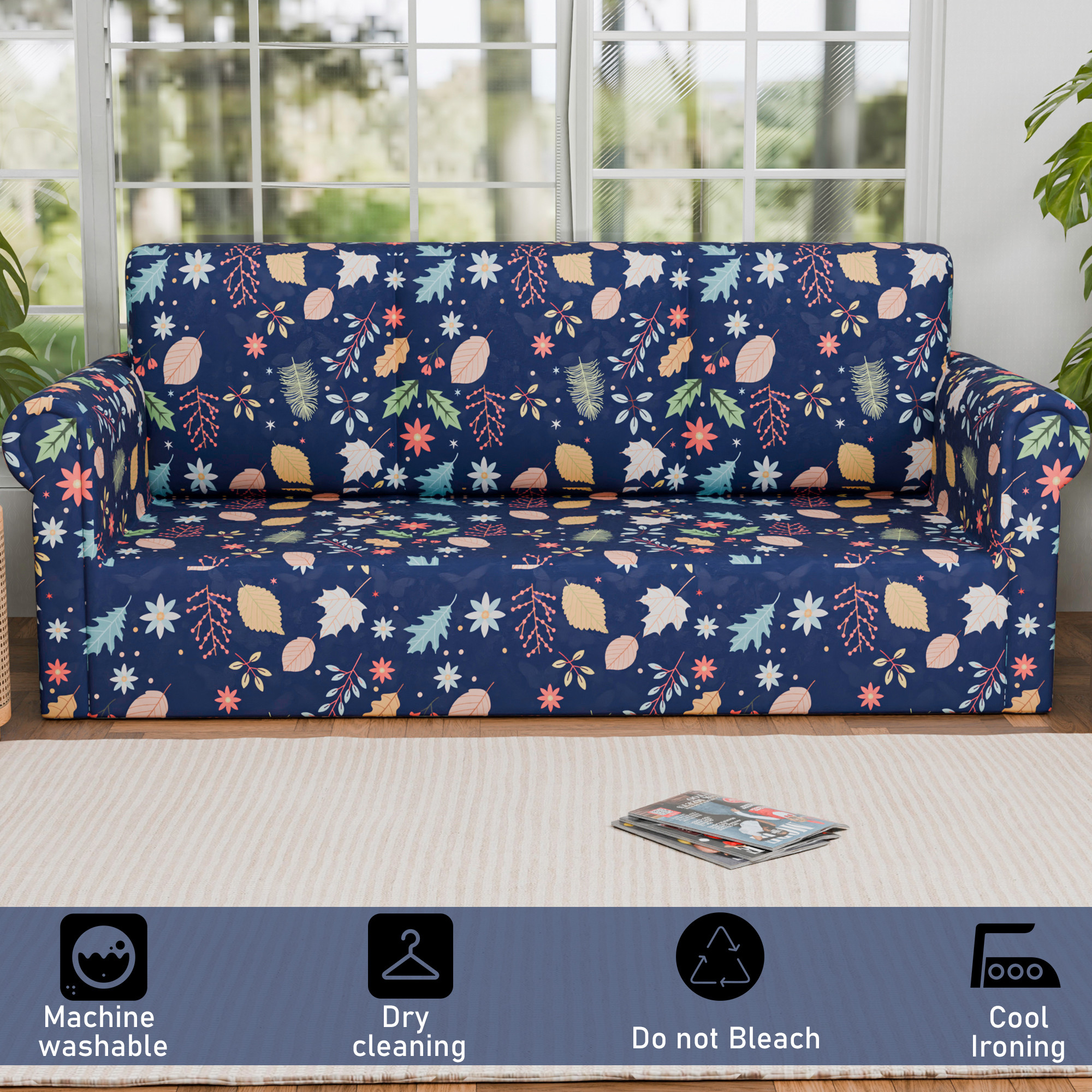 Kuber Industries Elastic Sofa Cover 3 Seater - Stretchable Couch Slip Cover in Leaf Pattern for Living RoomHall - Blue