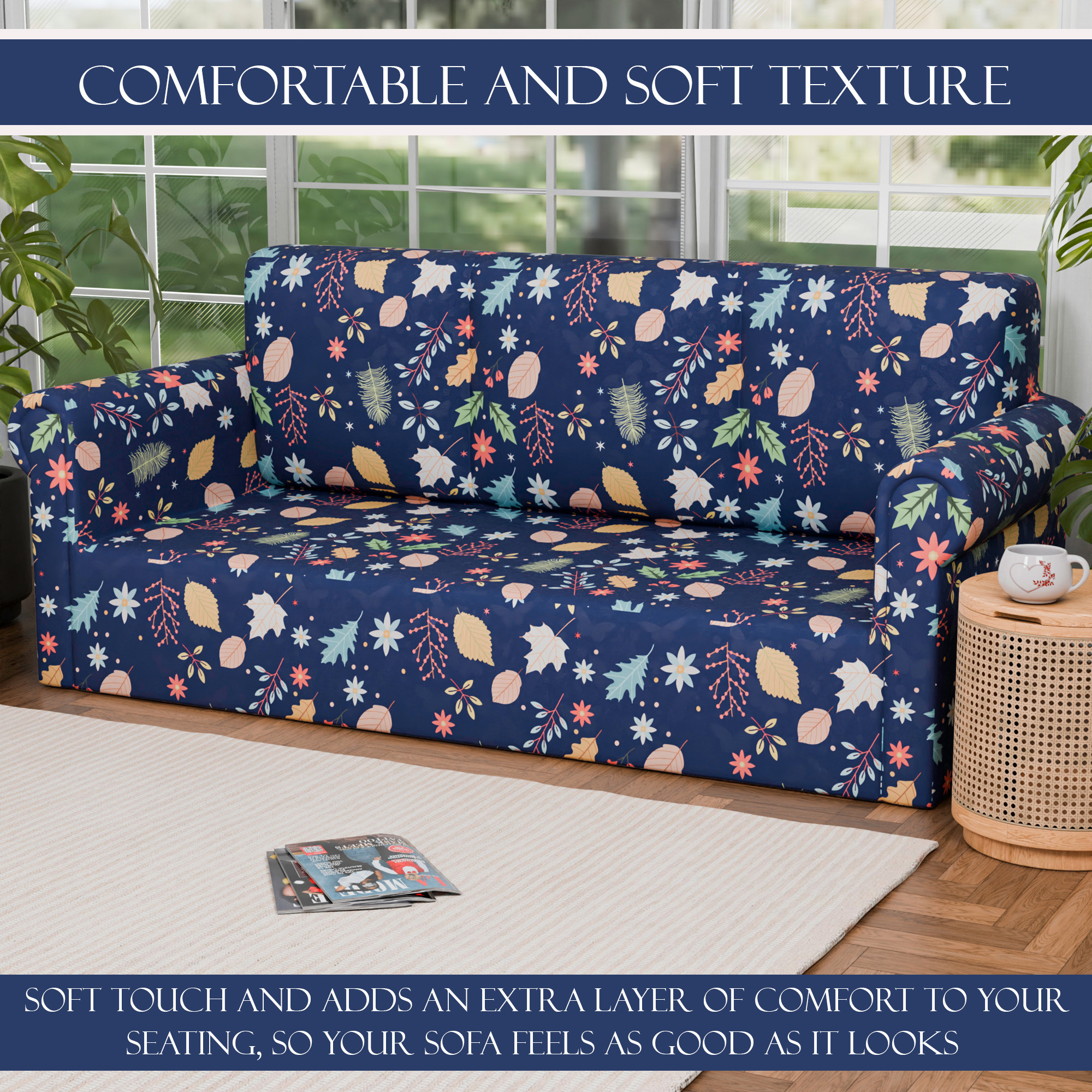 Kuber Industries Elastic Sofa Cover 3 Seater - Stretchable Couch Slip Cover in Leaf Pattern for Living RoomHall - Blue