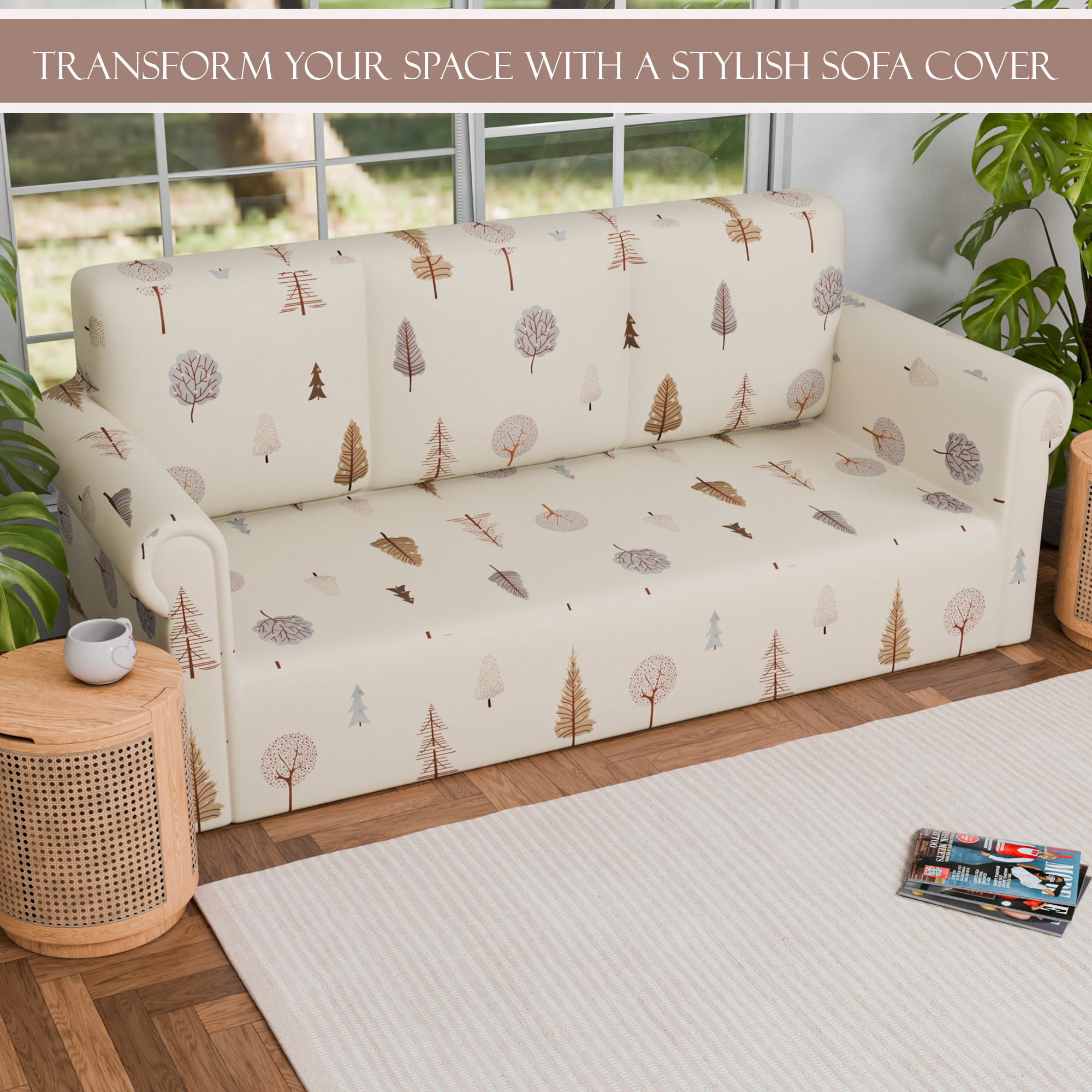 Kuber Industries Elastic Sofa Cover 3 Seater - Stretchable Couch Slip Cover in Tree Print for Living RoomHall - Cream