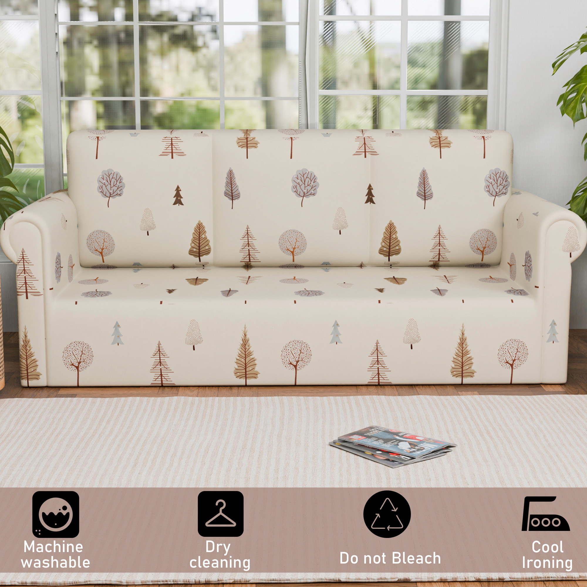 Kuber Industries Elastic Sofa Cover 3 Seater - Stretchable Couch Slip Cover in Tree Print for Living RoomHall - Cream