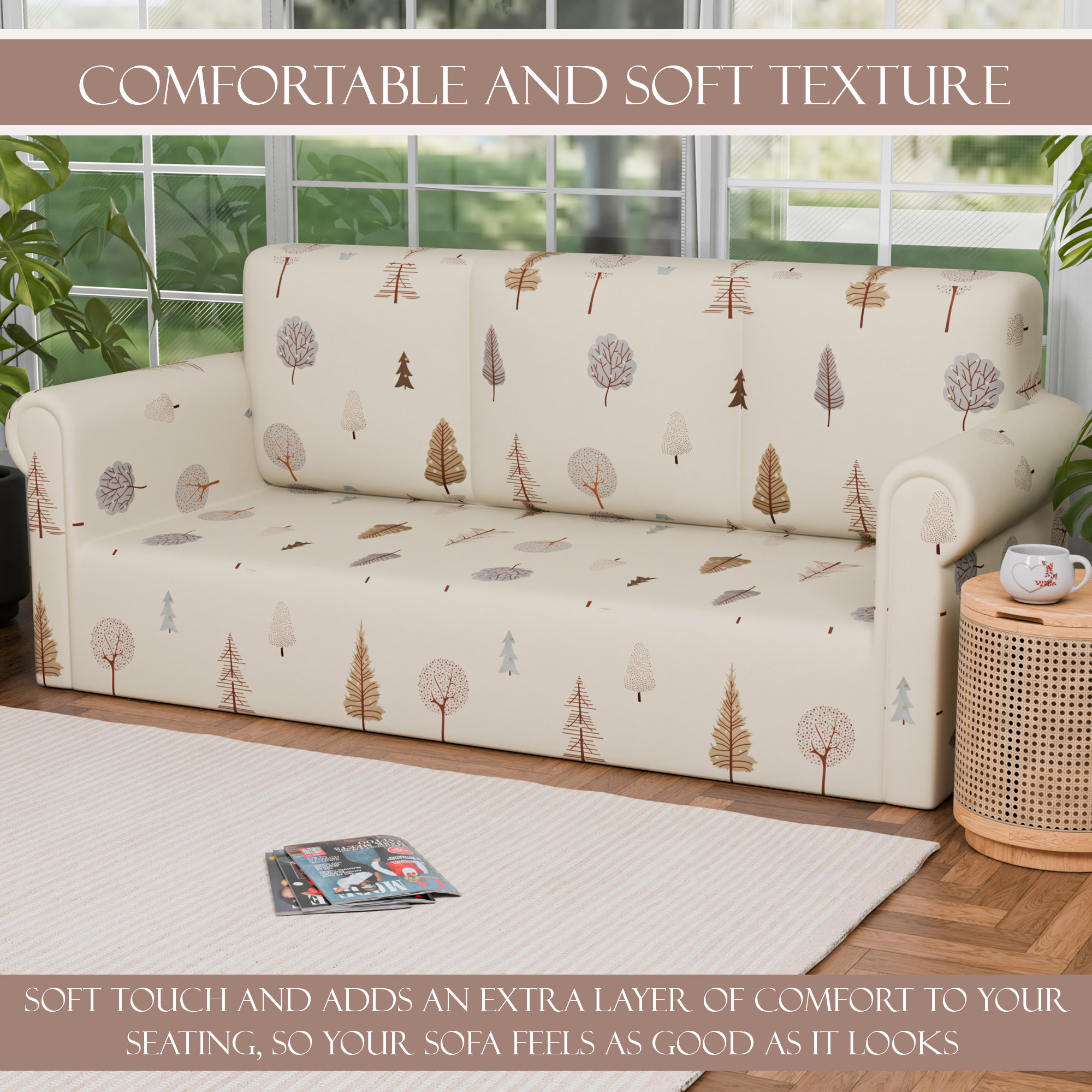 Kuber Industries Elastic Sofa Cover 3 Seater - Stretchable Couch Slip Cover in Tree Print for Living RoomHall - Cream