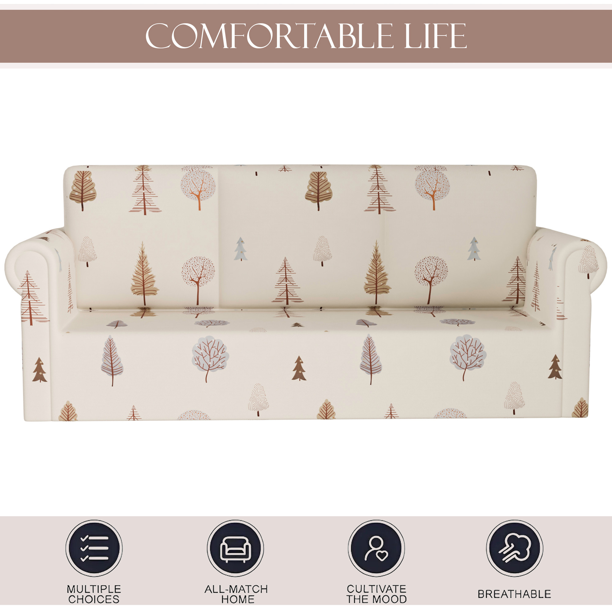 Kuber Industries Elastic Sofa Cover 3 Seater - Stretchable Couch Slip Cover in Tree Print for Living RoomHall - Cream