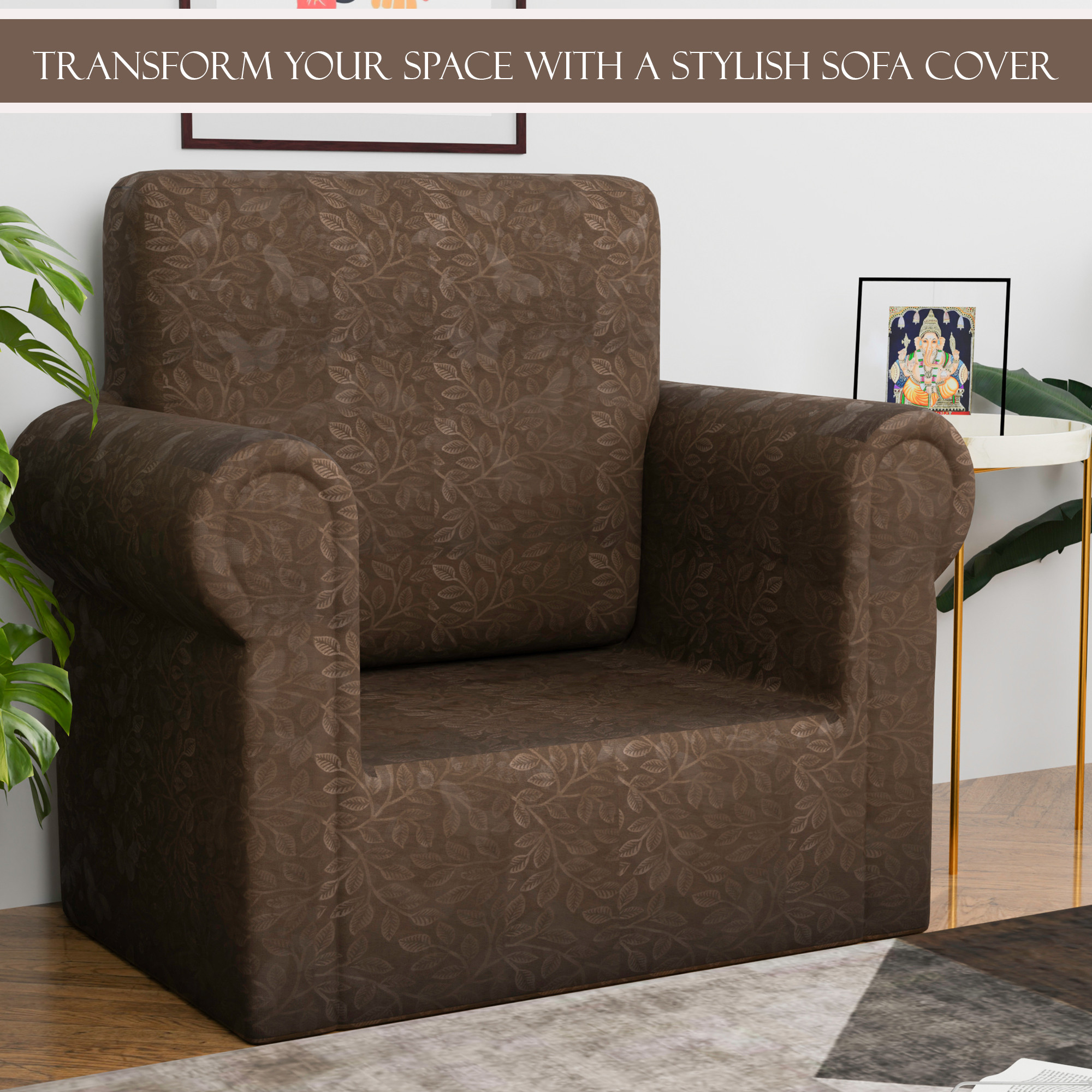 Kuber Industries Elastic Sofa Cover Single Seater - Stretchable Couch Slip Cover in Leaf Pattern for Living RoomHall - Brown