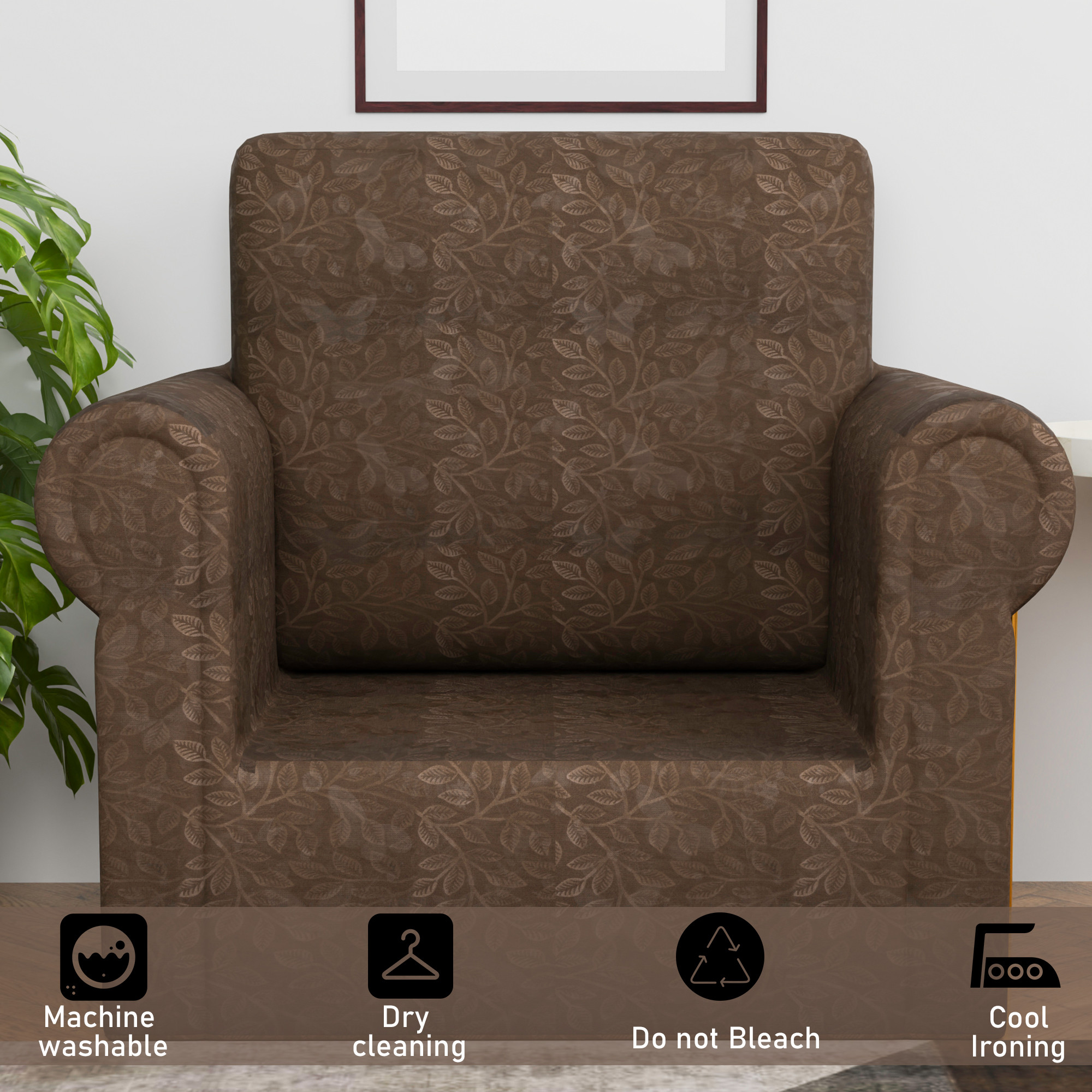 Kuber Industries Elastic Sofa Cover Single Seater - Stretchable Couch Slip Cover in Leaf Pattern for Living RoomHall - Brown