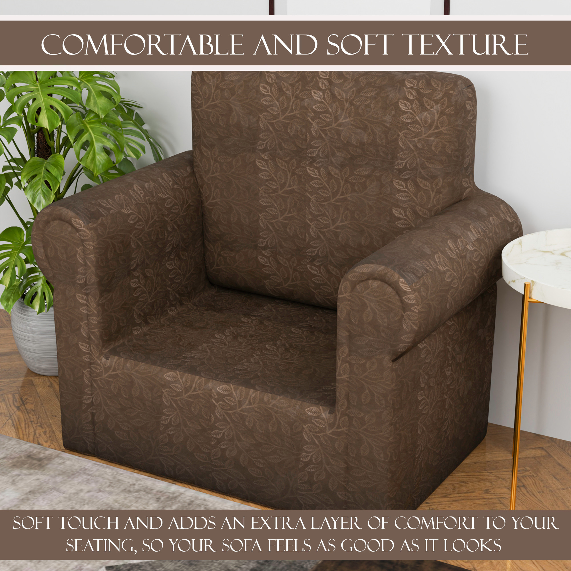 Kuber Industries Elastic Sofa Cover Single Seater - Stretchable Couch Slip Cover in Leaf Pattern for Living RoomHall - Brown