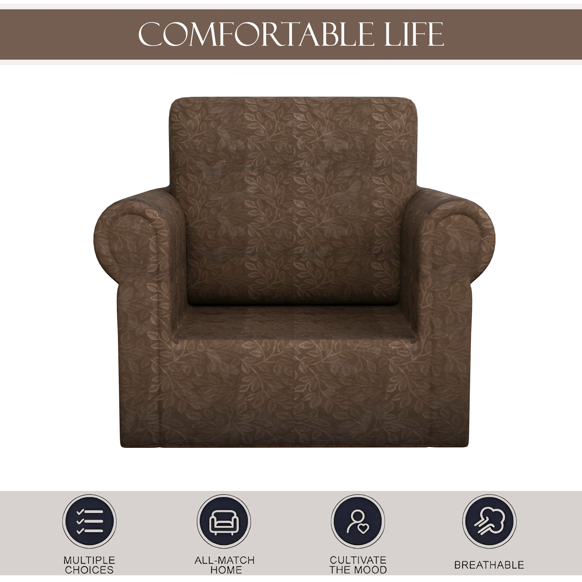 Kuber Industries Elastic Sofa Cover Single Seater - Stretchable Couch Slip Cover in Leaf Pattern for Living RoomHall - Brown