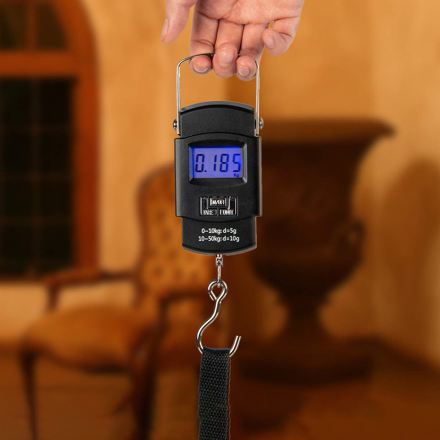 Kuber Industries Electronic Scale | Plastic Portable Electronic Hanging Scale | Measure Tape for Tackle Bag | Luggage | Battery Operated | 50 Kg Capacity | Black