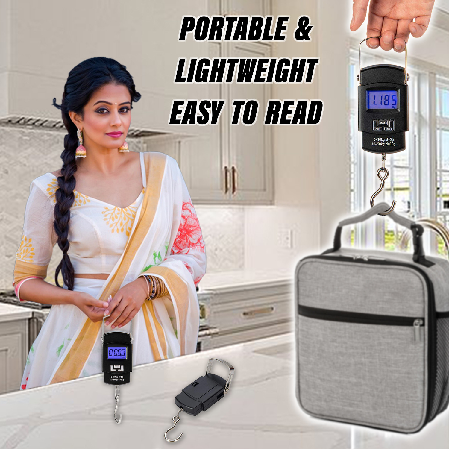 Kuber Industries Electronic Scale | Plastic Portable Electronic Hanging Scale | Measure Tape for Tackle Bag | Luggage | Battery Operated | 50 Kg Capacity | Black