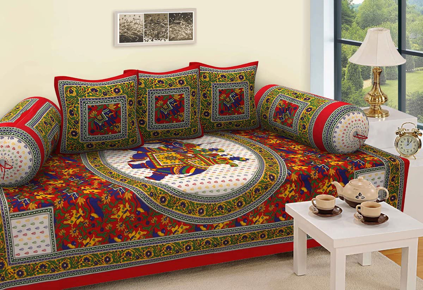 Kuber Industries Elegant Pattern Cotton Diwan Set With 6 Pieces (Red)