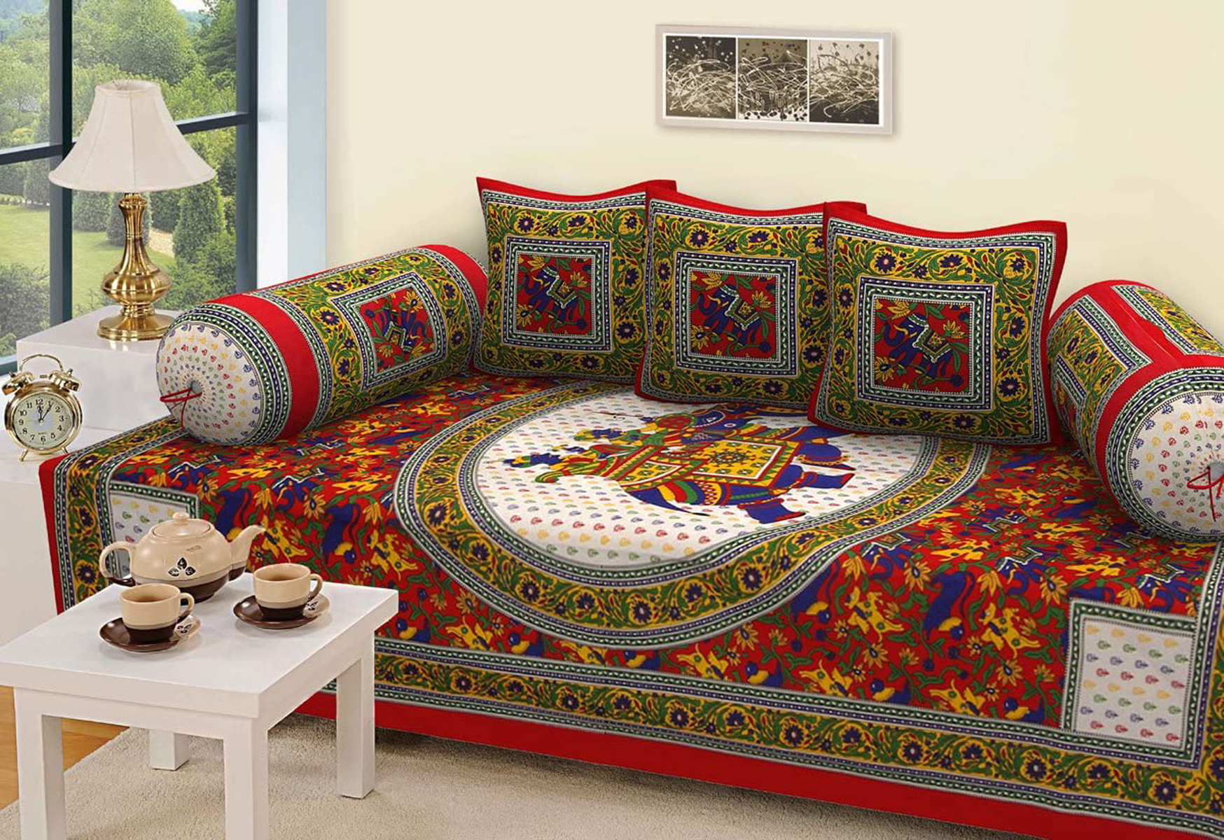 Kuber Industries Elegant Pattern Cotton Diwan Set With 6 Pieces (Red)