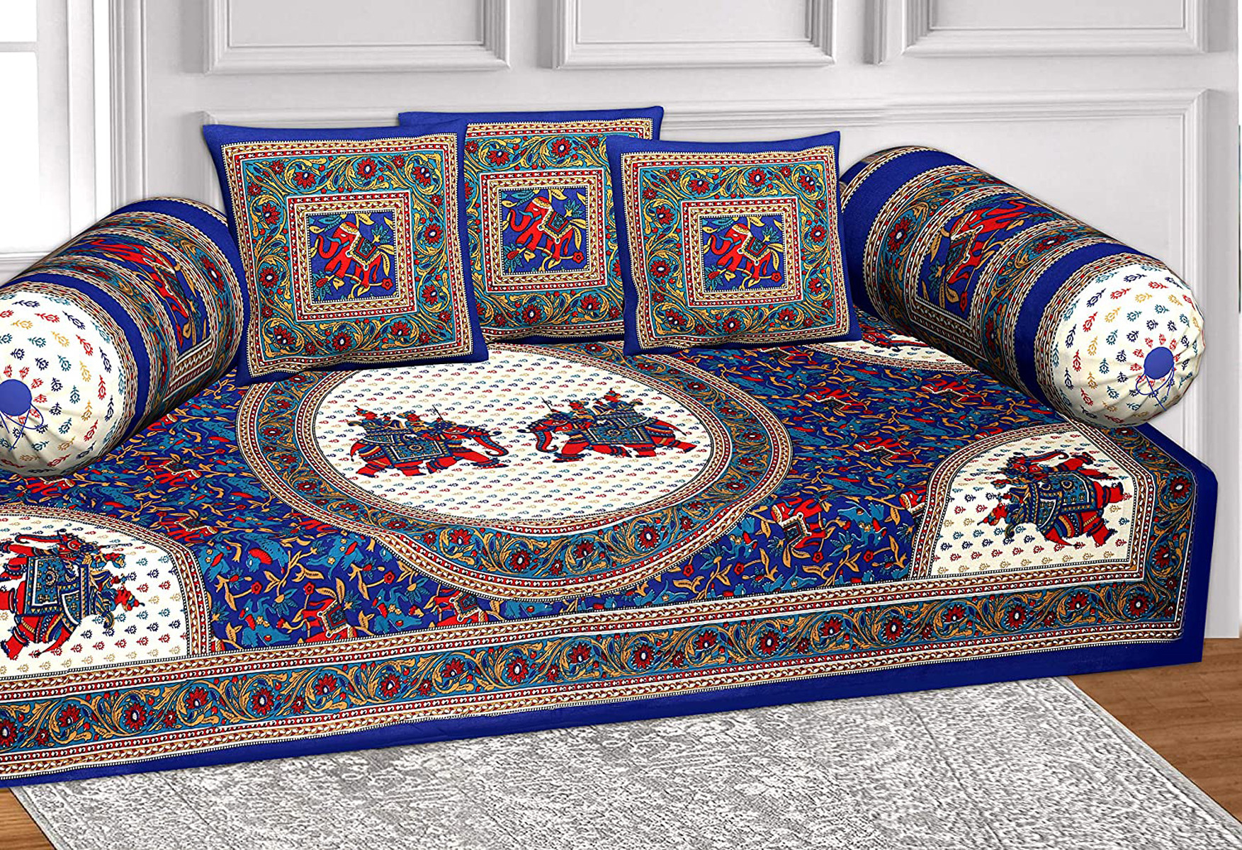 Kuber Industries Elephant Print Cotton Diwan Set With 6 Pieces (Blue)