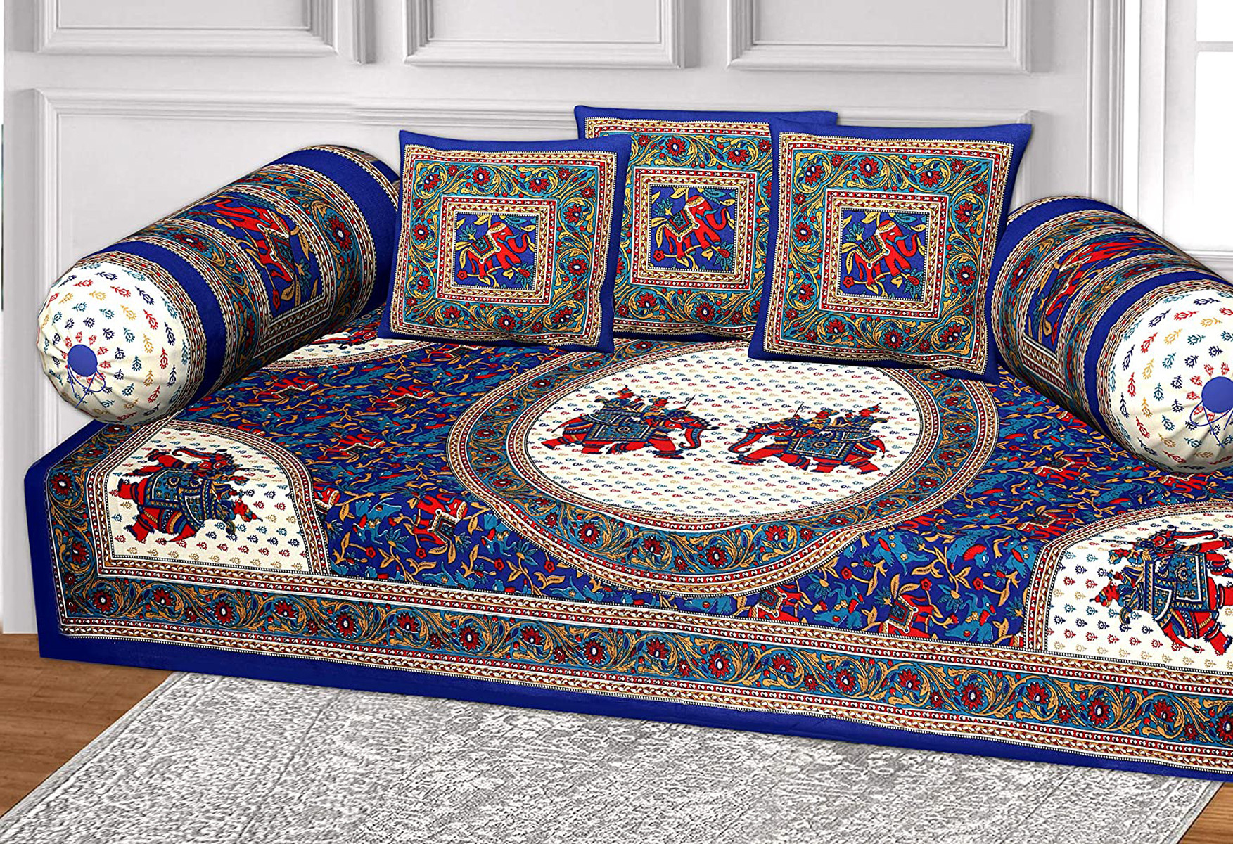 Kuber Industries Elephant Print Cotton Diwan Set With 6 Pieces (Blue)