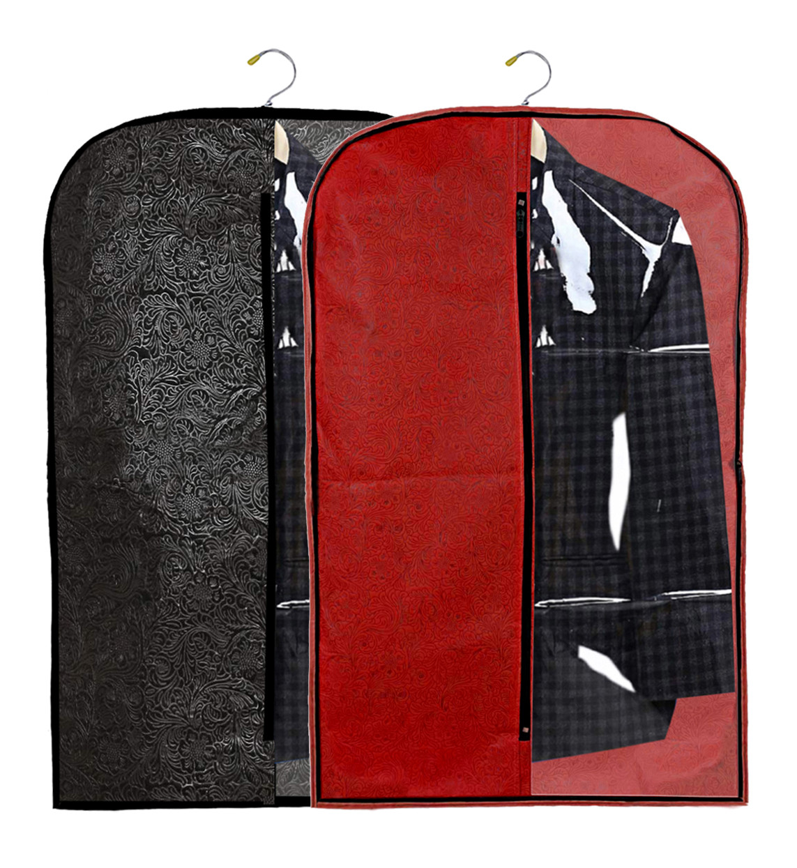 Kuber Industries Embossed Design Half Transparent Non Woven Men's Coat Blazer Cover (Red & Black)  -CTKTC42177