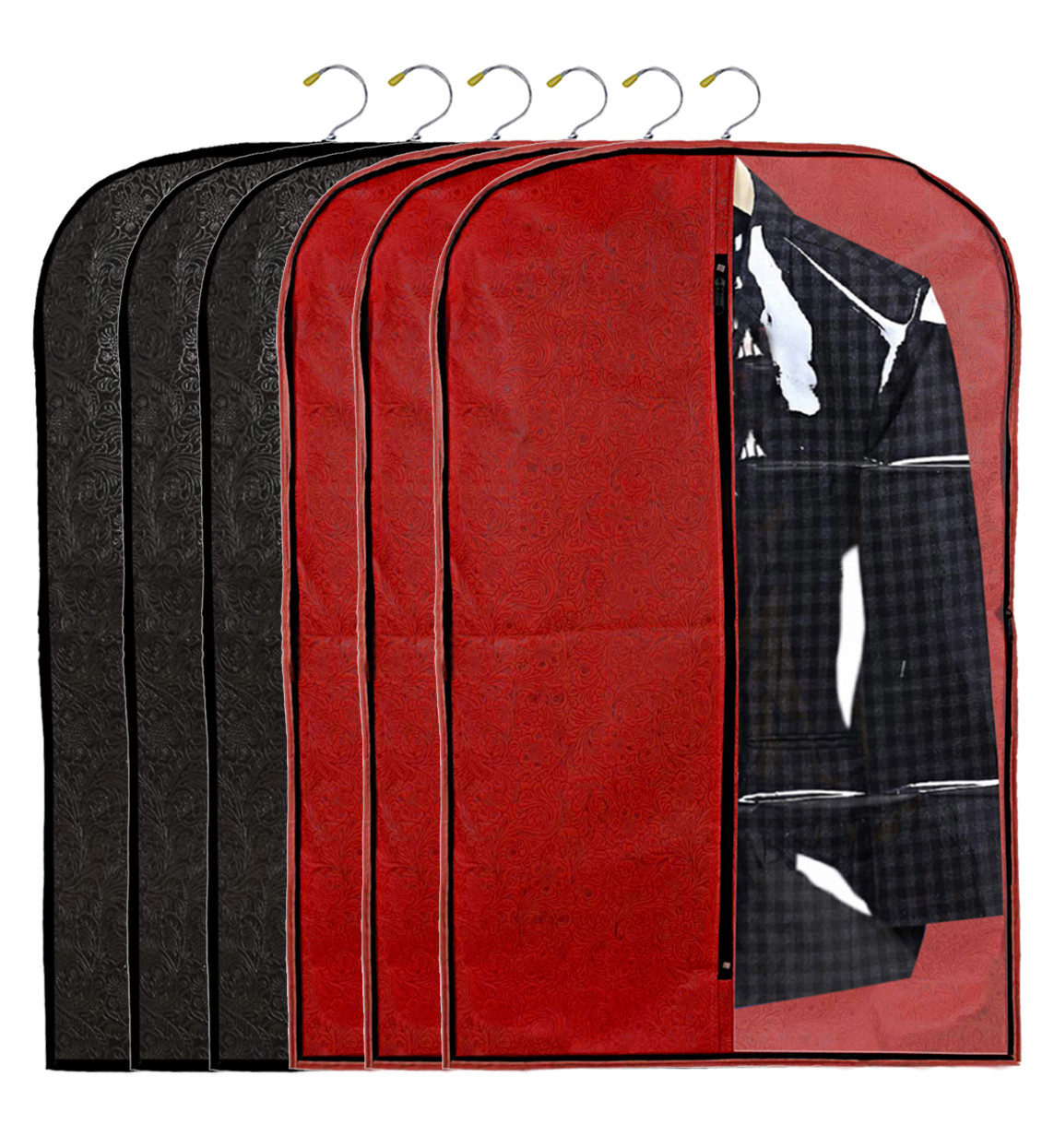 Kuber Industries Embossed Design Half Transparent Non Woven Men's Coat Blazer Cover (Red & Black)  -CTKTC42177
