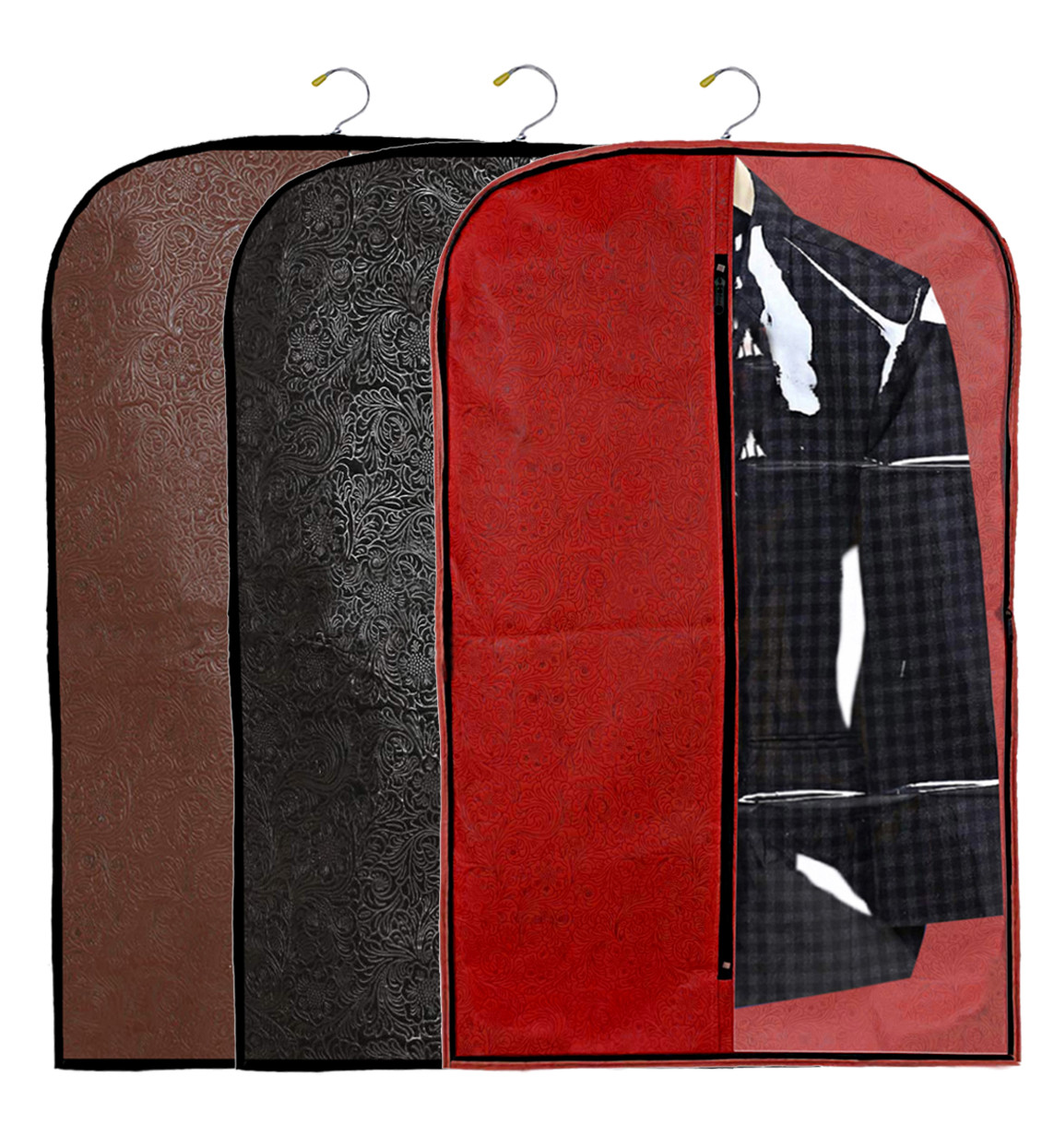 Kuber Industries Embossed Design Half Transparent Non Woven Men's Coat Blazer Cover (Red & Black & Brown)  -CTKTC42189