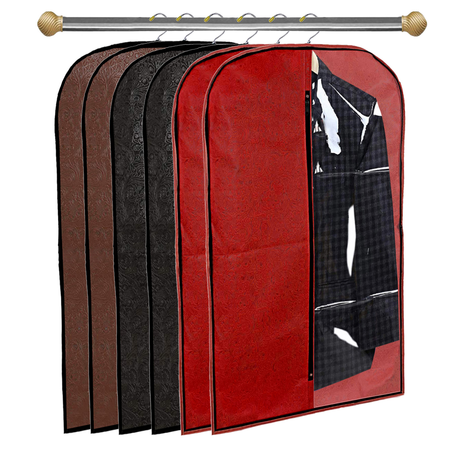 Kuber Industries Embossed Design Half Transparent Non Woven Men's Coat Blazer Cover (Red & Black & Brown)  -CTKTC42189