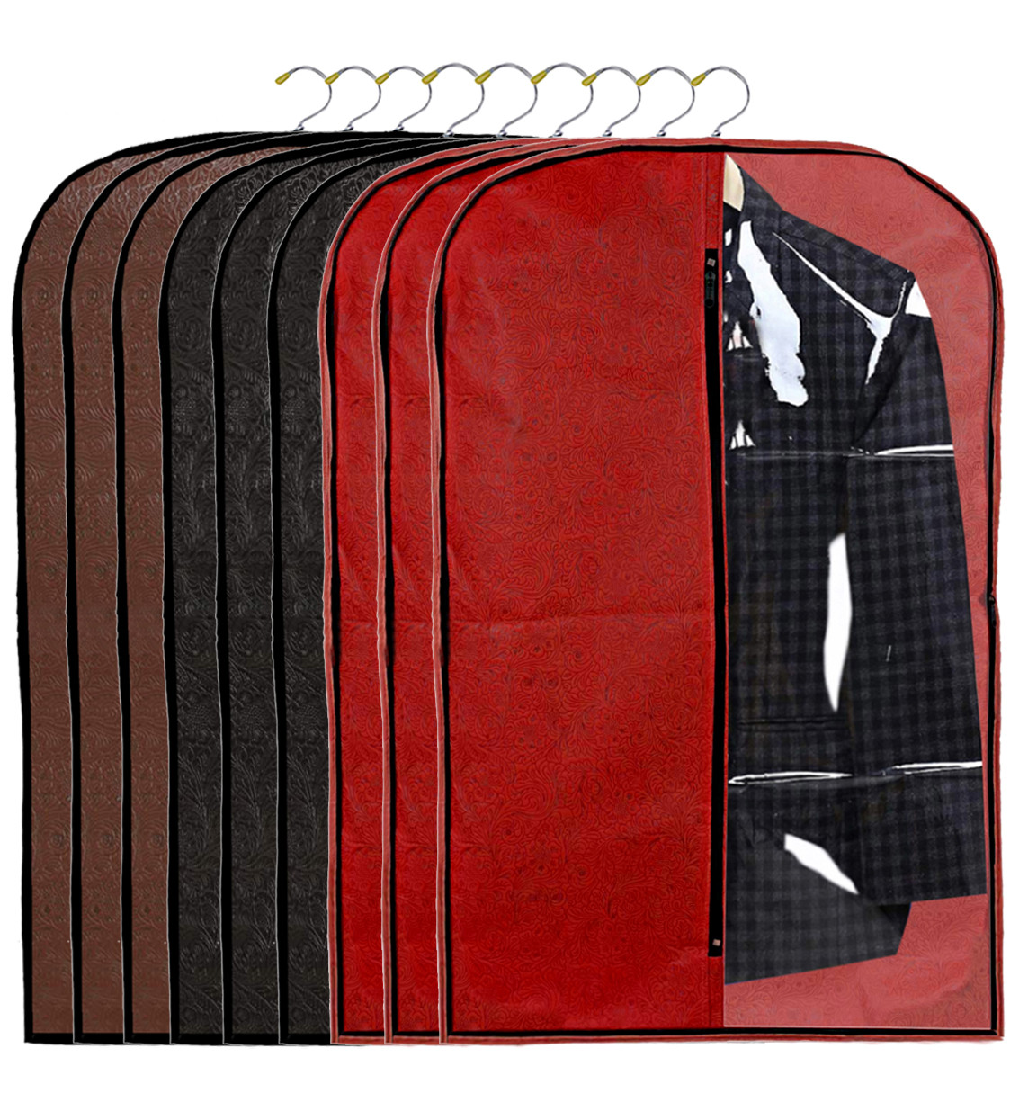 Kuber Industries Embossed Design Half Transparent Non Woven Men's Coat Blazer Cover (Red & Black & Brown)  -CTKTC42189
