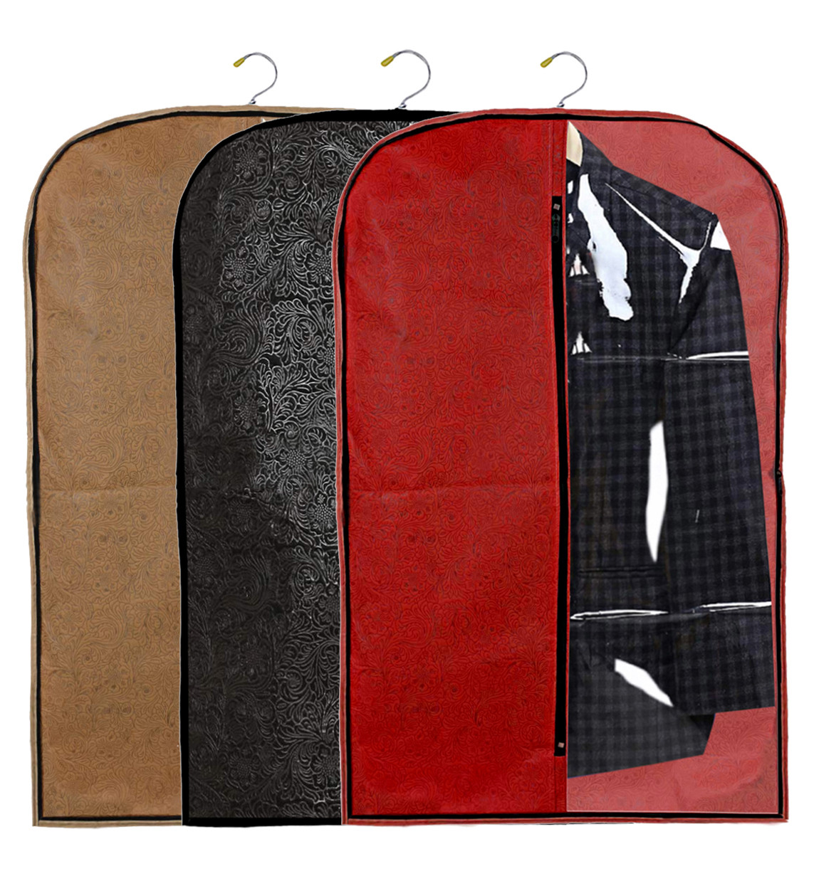 Kuber Industries Embossed Design Half Transparent Non Woven Men's Coat Blazer Cover (Red & Black & Golden)  -CTKTC42191