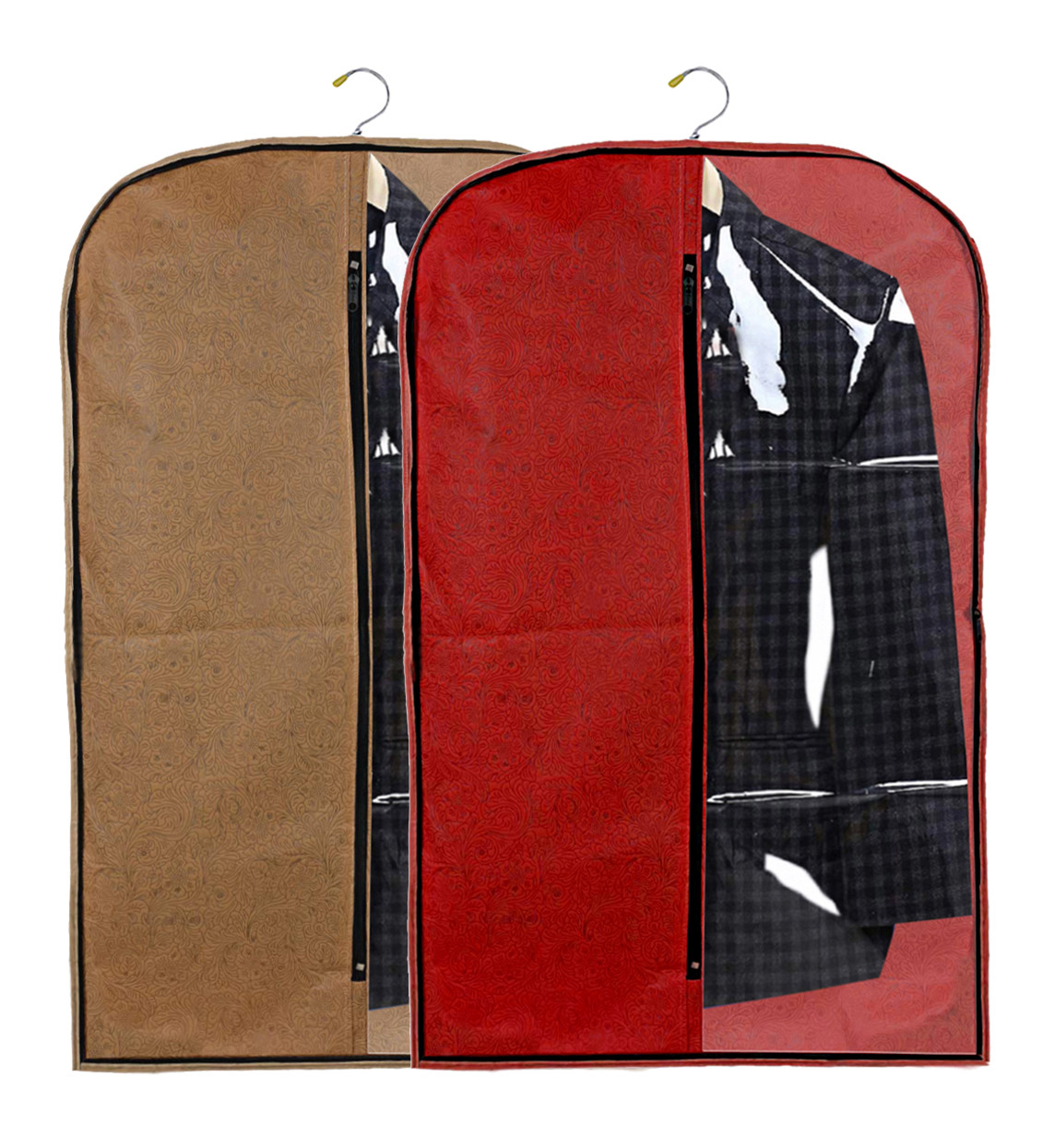 Kuber Industries Embossed Design Half Transparent Non Woven Men's Coat Blazer Cover (Red & Golden)  -CTKTC42181