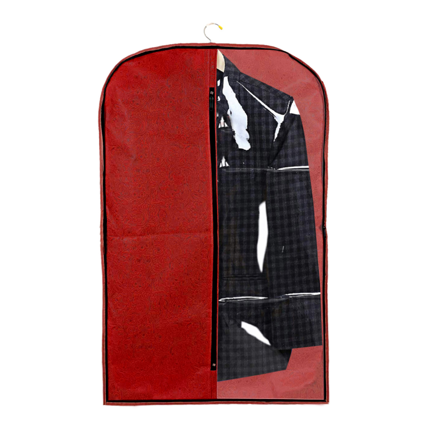 Kuber Industries Embossed Design Half Transparent Non Woven Men's Coat Blazer Cover (Red & Golden)  -CTKTC42181