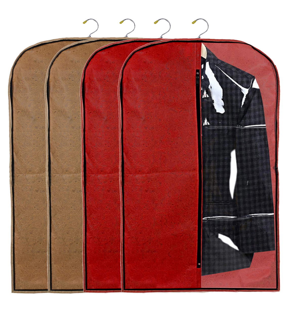 Kuber Industries Embossed Design Half Transparent Non Woven Men's Coat Blazer Cover (Red & Golden)  -CTKTC42181